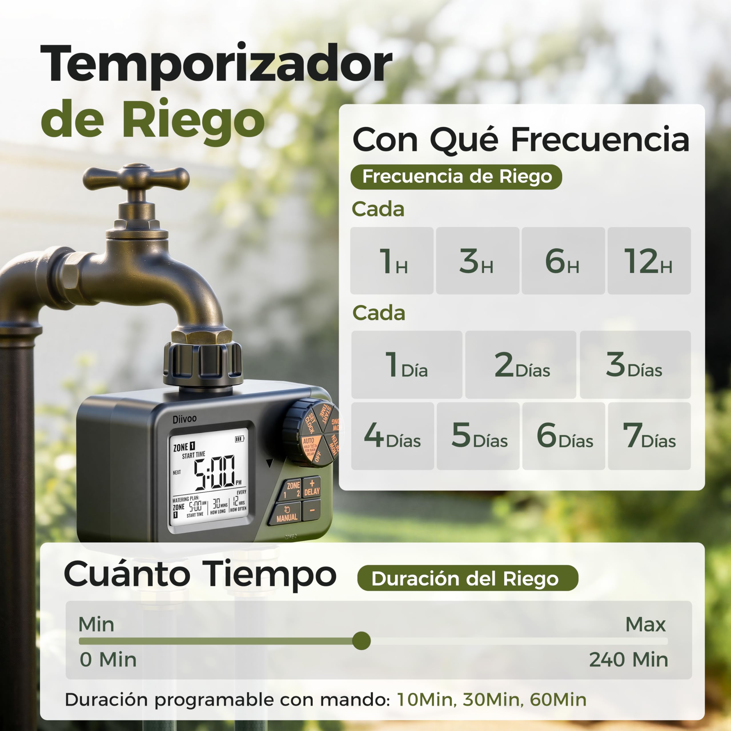 Diivoo Programador Riego con Control Remoto RF, Temporizador Riego Automatico Impermeable IP66 con Retraso por Lluvia, Riego Manual para Jardín, Césped