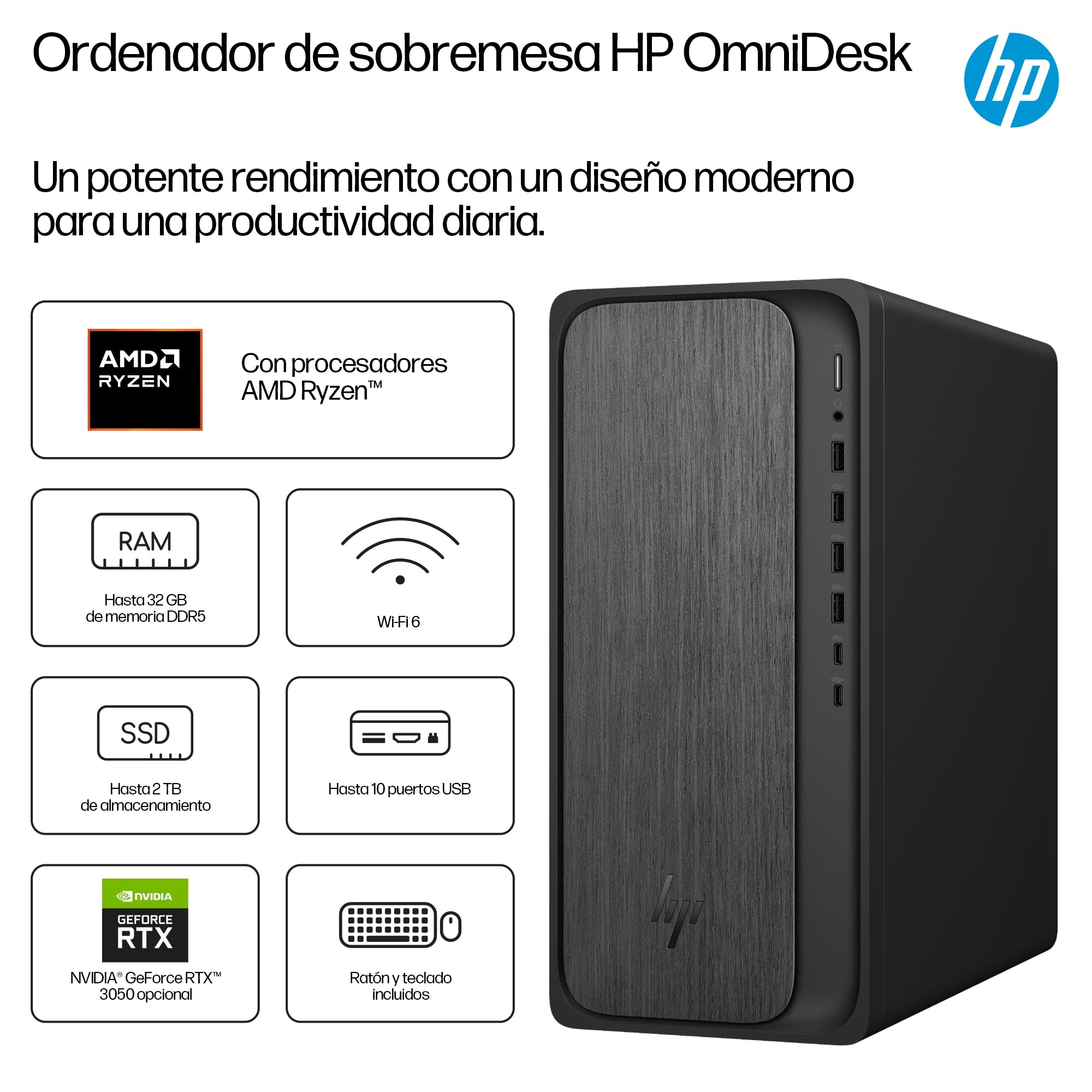 HP Komputer stacjonarny OmniDesk (AMD Ryzen 7 8700G, 16GB, Wi-Fi 6, 1000GB, Windows 11 Home) - czarny