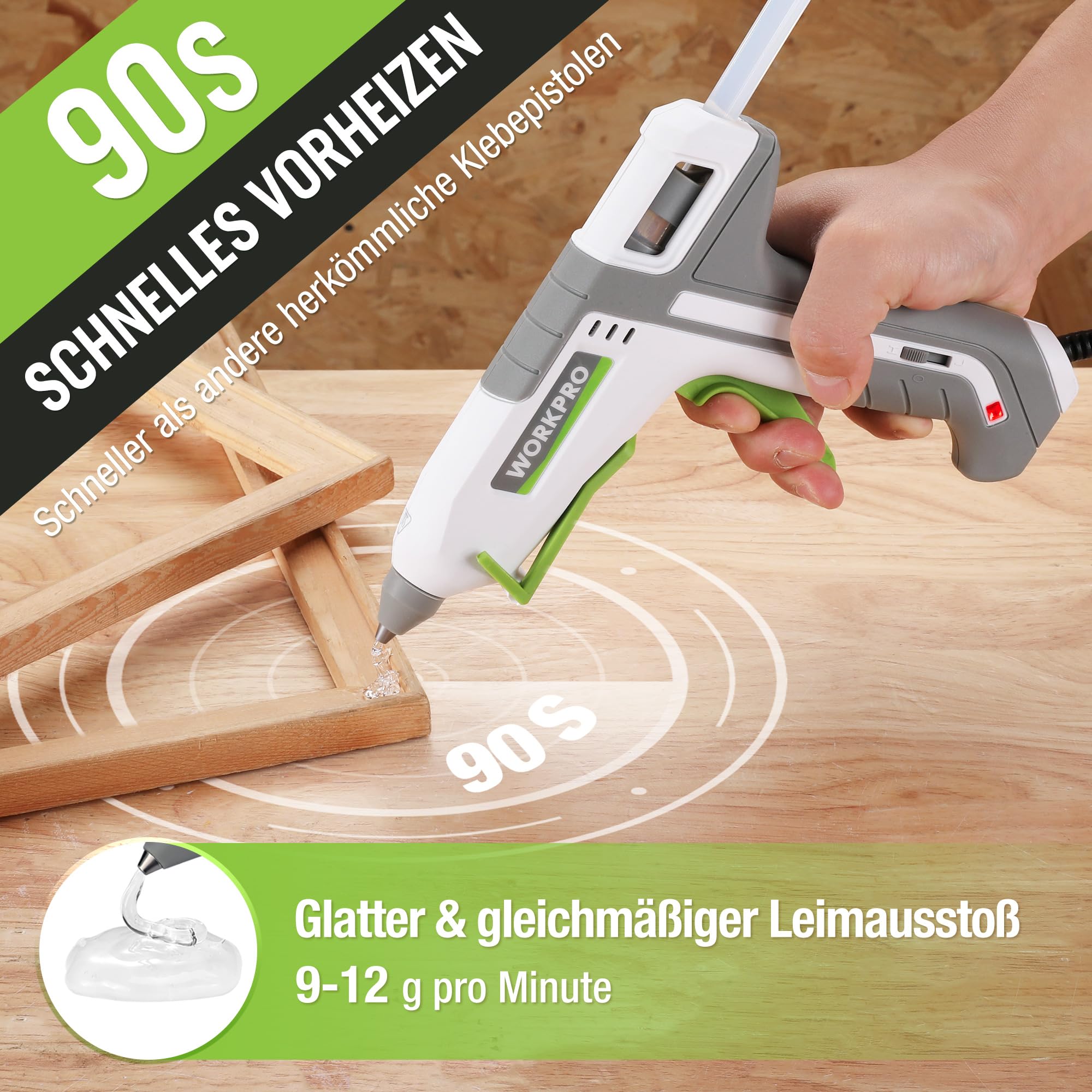 WORKPRO Heißklebepistole, 60/100 W Klebepistole mit 10 Heißklebesticks, Zwei Heizmodi, Schnelle Verklebung 9-12 g/min, 90s Schnellvorheizung, 3-Punkt-Halterung, für DIY und Reparaturen, Grau&weiß