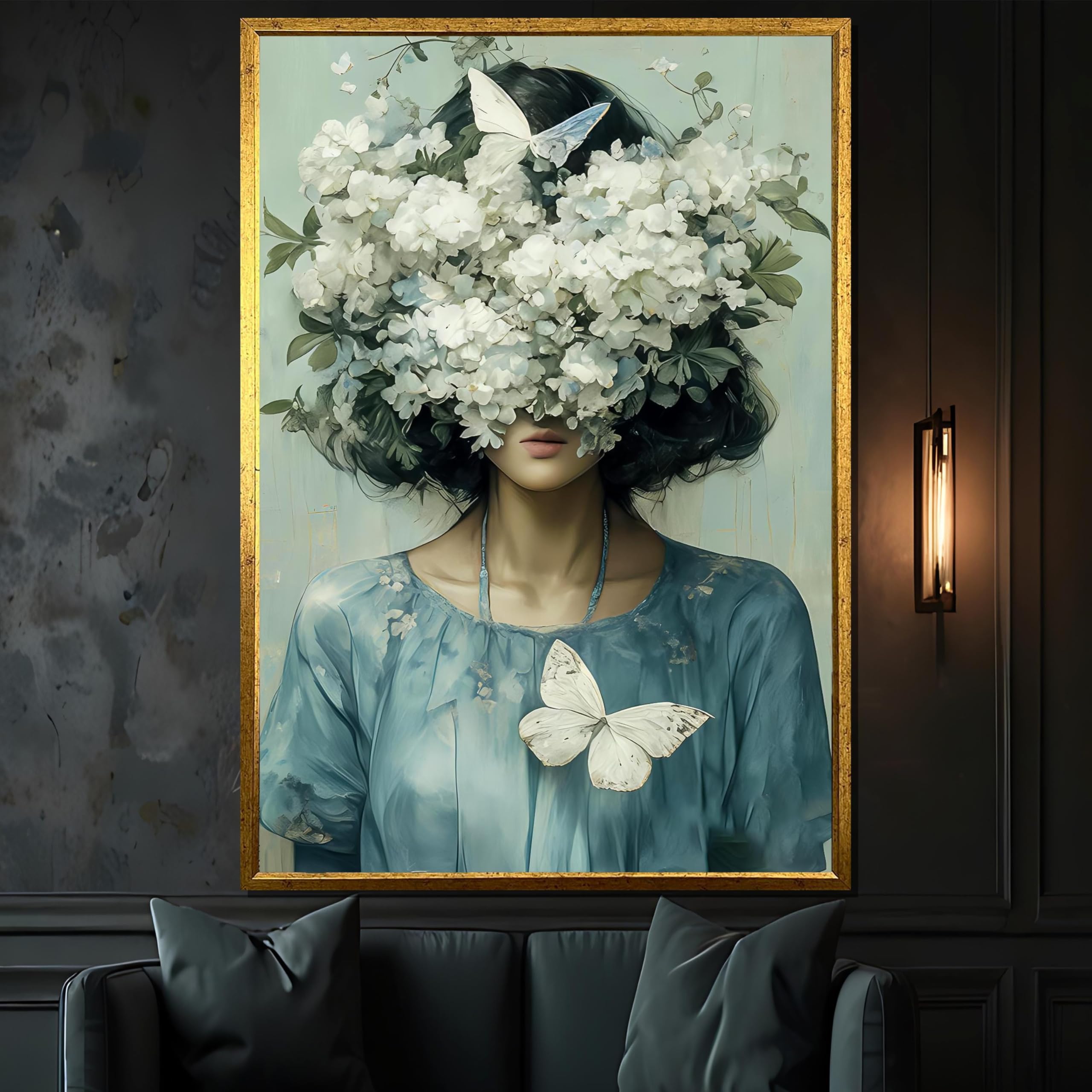 Cuadro de mujer con cabeza floreciente que inspira paz en el dormitorio 8