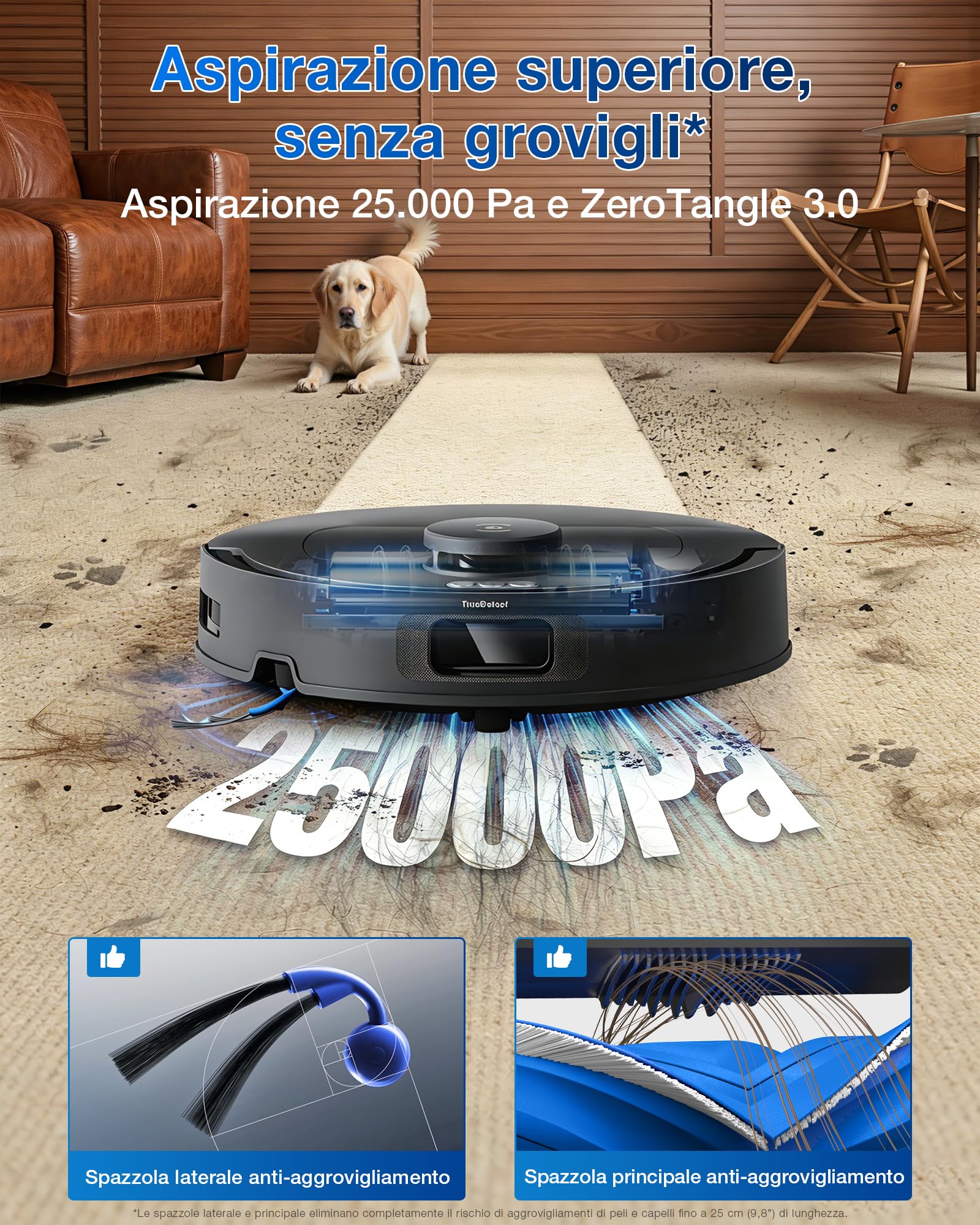 ECOVACS DEEBOT T30e OMNI Robot aspirapolvere lavapavimenti, 25.000 Pa, ZeroTangle 3.0, spazzola later. ARClean, spazzola princip. tripla V, stazione OMNI svuot. automatico, asciugatura a 45 °C, nero