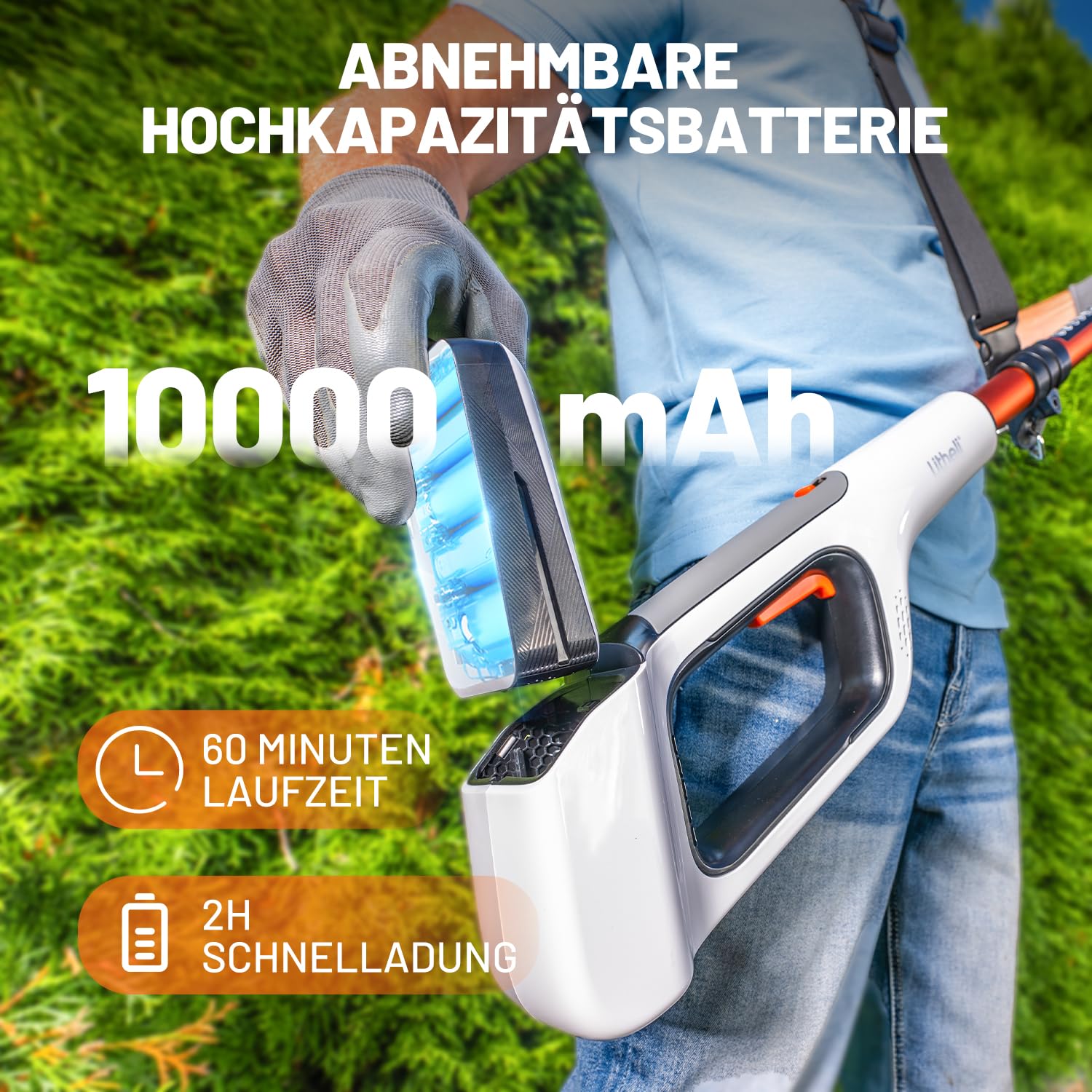 Litheli Hochentaster Akku, Astsäge Teleskop Akku zum Schneiden und Beschneiden von Ästen (2 x 2,0Ah, 8 m/s Kettengeschwindigkeit, 20 cm Schwertlänge, 140 ml autom. Kettenschmierung, Zubehör)