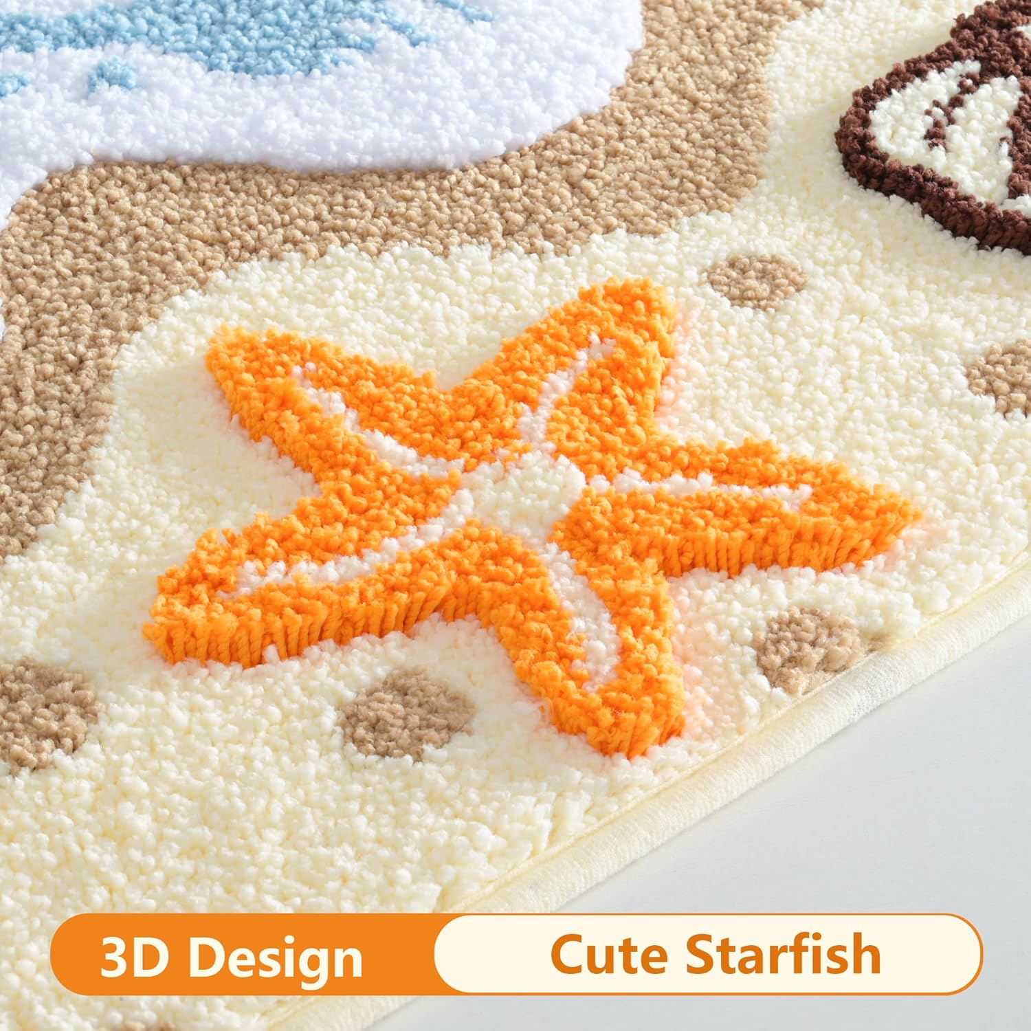 QJHOMO Coastal Bathroom Rugs Beach Ocean Wave Bath Mat Nautical Rug, Cute 3d Starfish Shell Beachy Theme Bathroom Decor Colorful Bath Rug, Soft Microfiber Carpet Non Slip Washable Bathmat (20x32 inch)