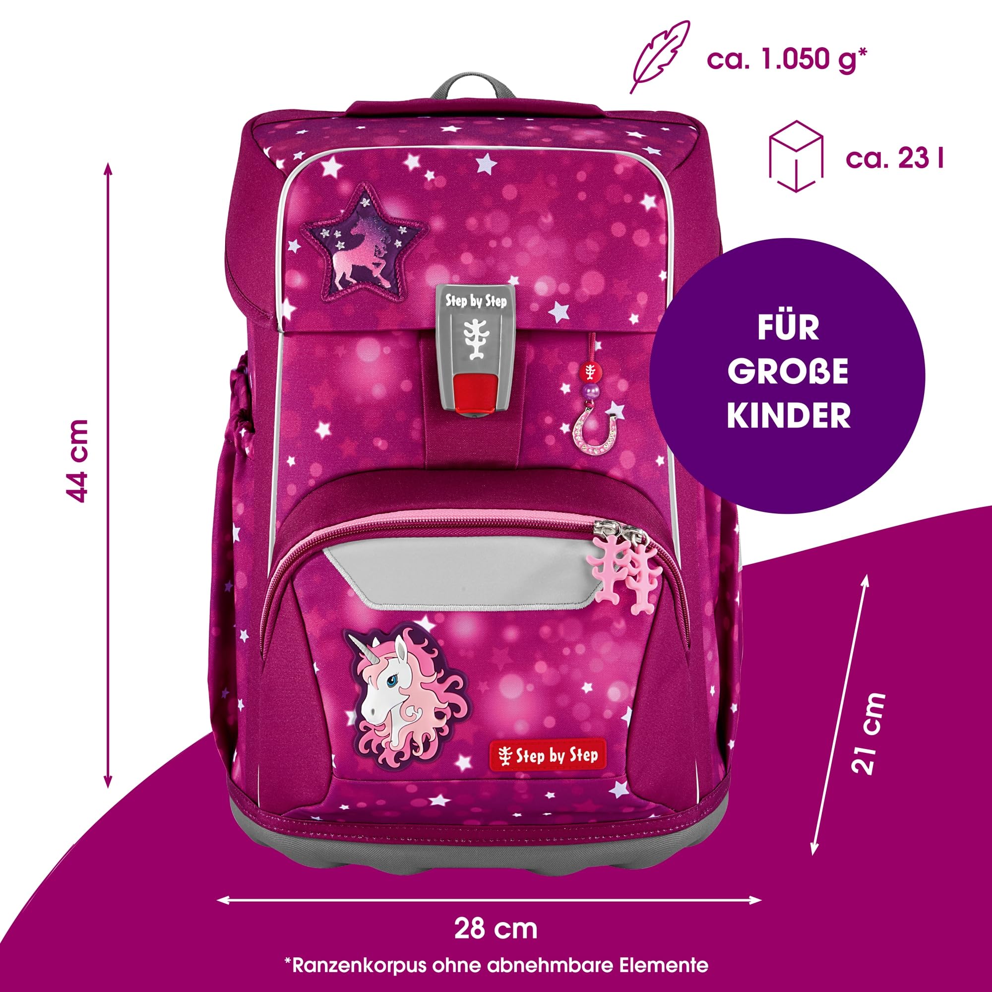 Step by Step Giant Schulranzen-Set „Sweet Unicorn Nuala“, 5-teilig, rosa, ergonomischer Tornister mit Reflektoren, höhenverstellbar mit Hüft- und Brustgurt, für Mädchen ab der 1. Klasse, 23 Liter