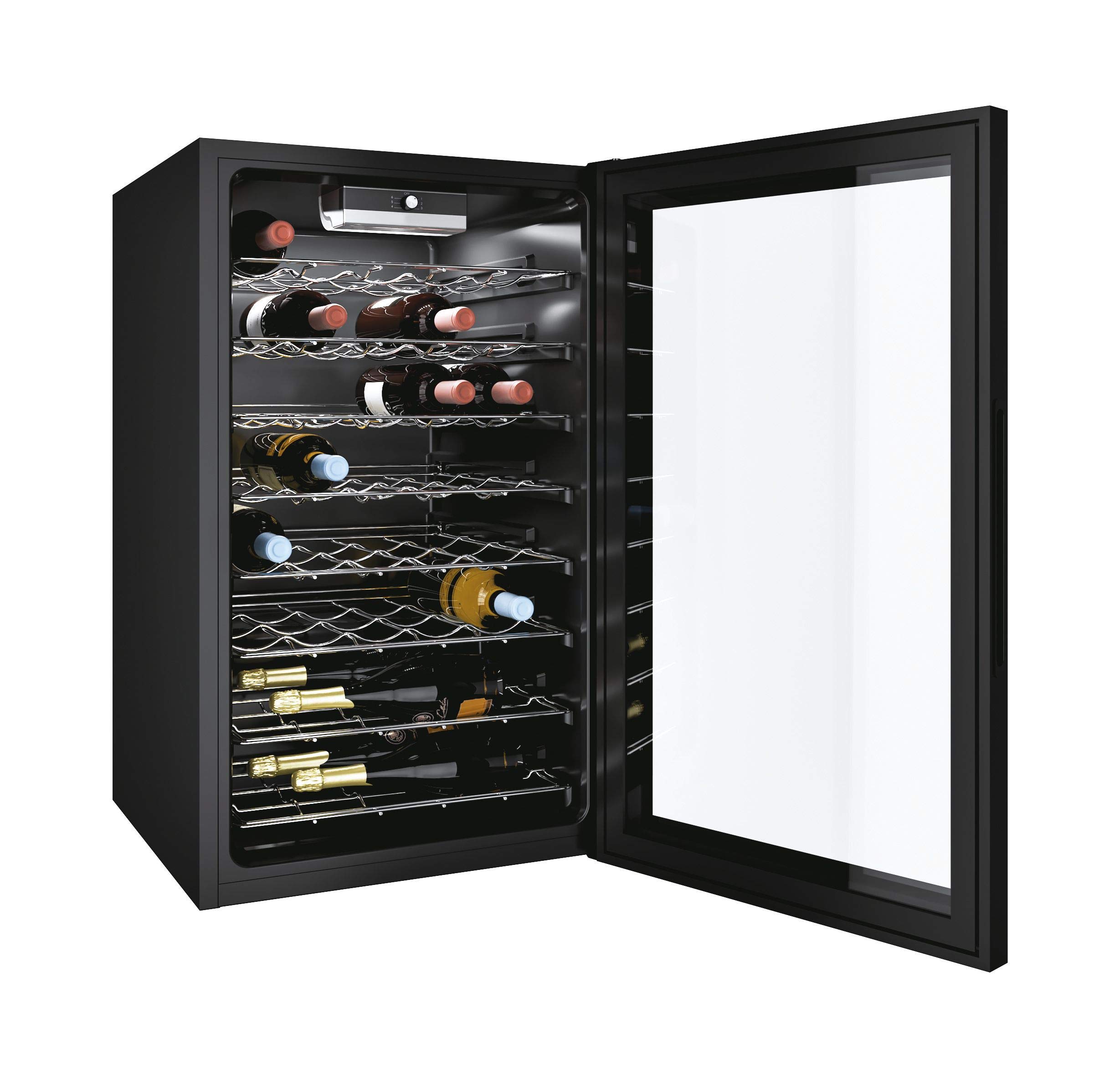 Candy DiVino CWC150EM/N Cantinetta Vino Refrigerata, 41 Bottiglie, Luci a LED e Trattamento Anti UV, Ripiani in Acciaio Inox, Porta Reversibile, 39 dBa, Libera Installazione, 49x55x84.5 cm, Nero