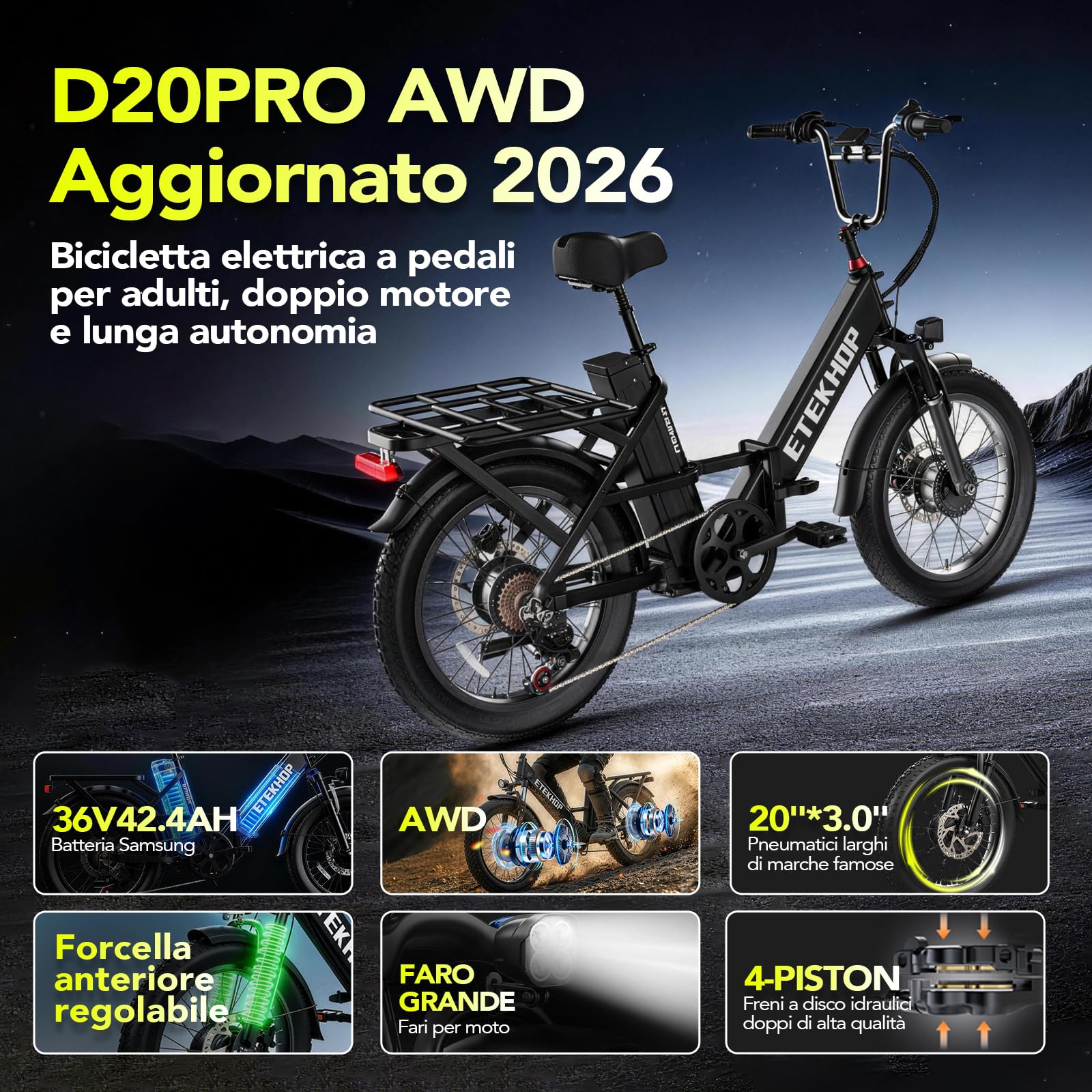 D20PRO Adult Electric Bicycle is Equipped with Single and dual 36V 20A/42.4Ah Removable Batteries, 20 x 3.0 Inch Wide Tires, and Hydraulic Brakes