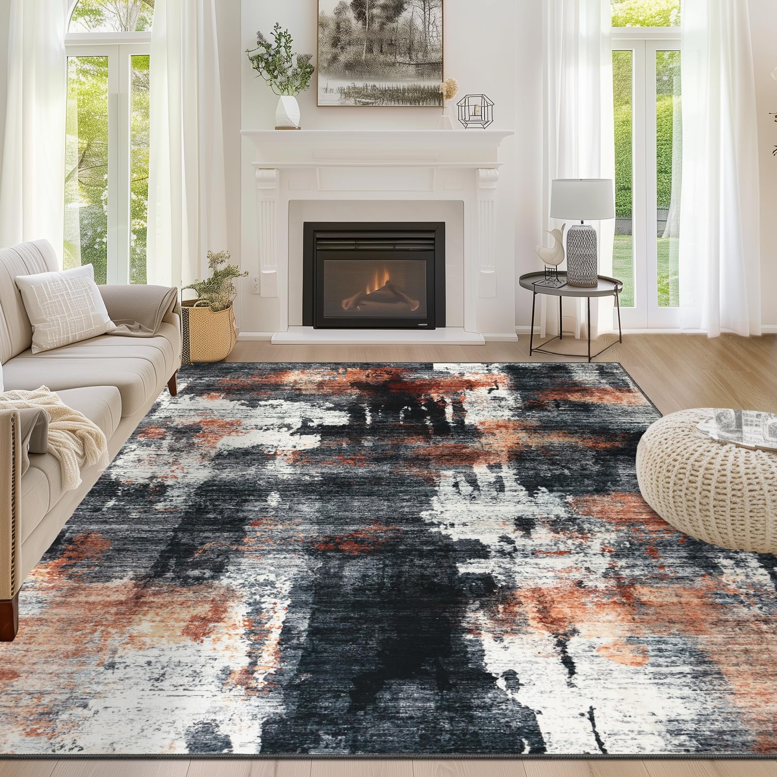 Capslpad 160x230cm Large Modern Abstract Rugs Living Room Non-slip Area Rug Short Pile Faux Wool Bedroom Carpet Lightweight Washable Minimalist Floor Carpet for Living Room Bedroom Office Decor, Black โ image 1