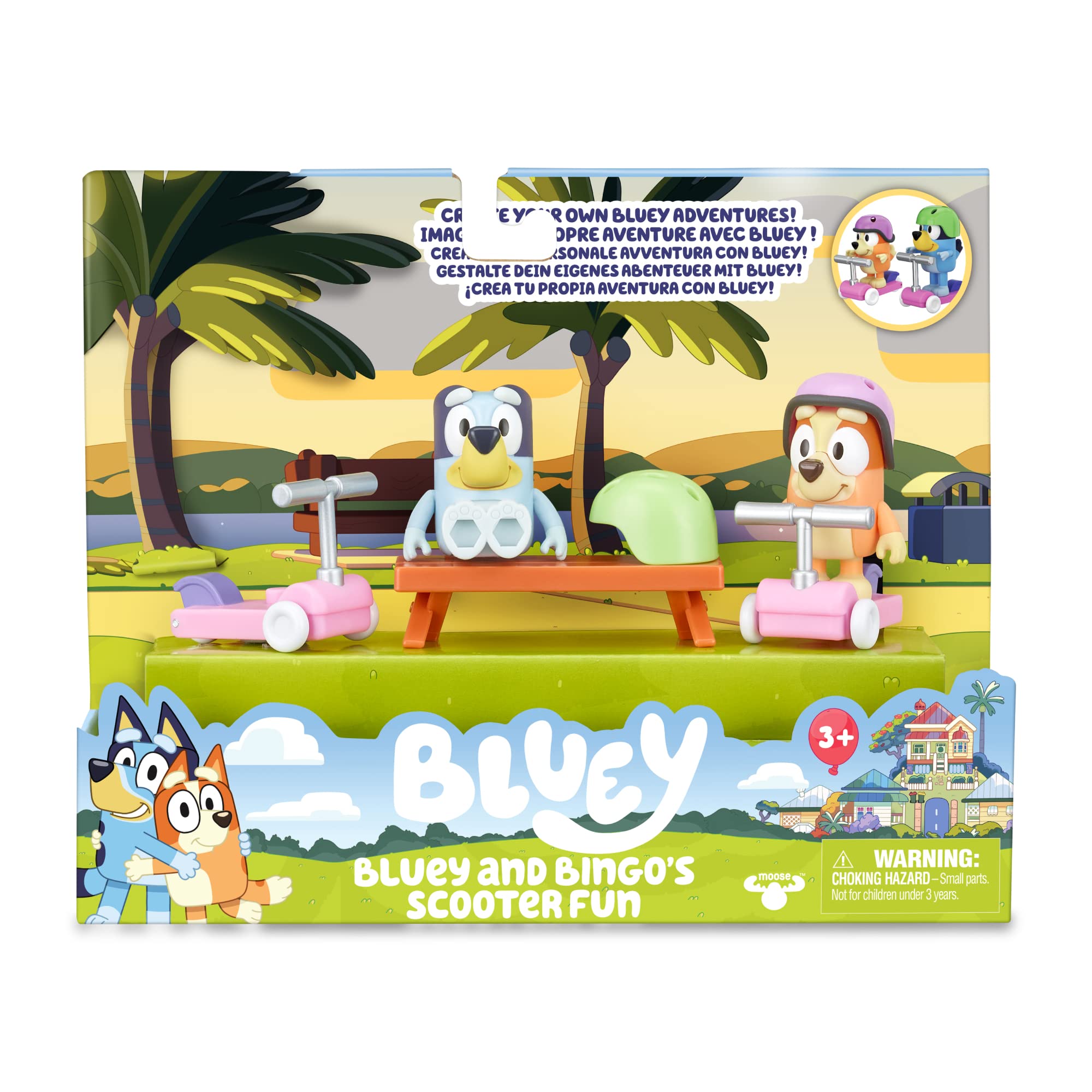 Bluey - Vehículos Scooters, con 2 Figuras de los protagonistas de la Serie, Bingo la Hermana de Blue, y de Accesorios 2 patinetes Scooter con Ruedas y 2 Cascos, +3 años de Edad, Famosa (BLY12100)