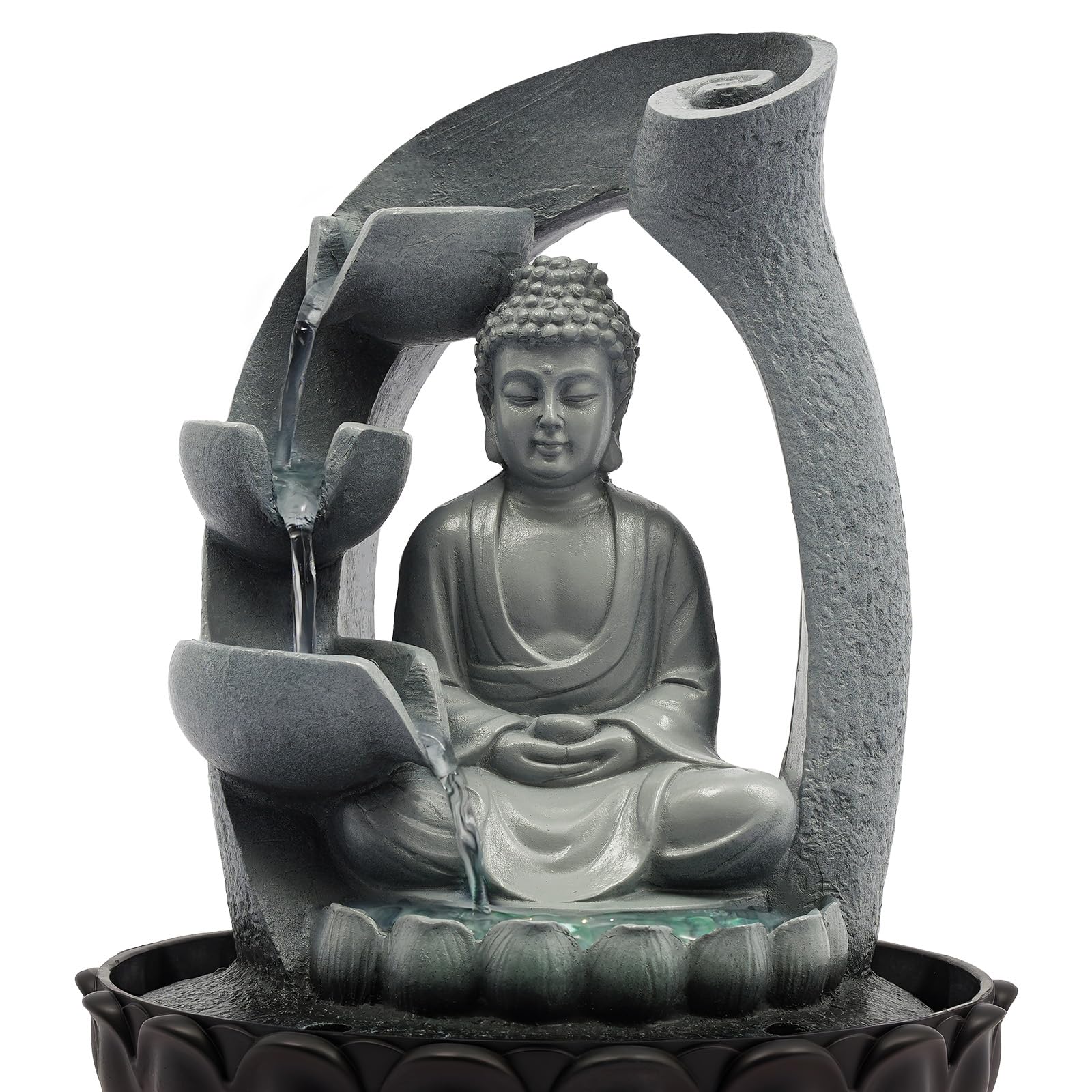 Zimmerbrunnen, Zen Tischbrunnen mit LED Lichtern Beleuchtung und Tauchpumpe, Buddha Motiv Springbrunnen Ornament, Tischplatte Wasserbrunnen Wasserfall Gartenbrunnen Deco für Foyer, Büro