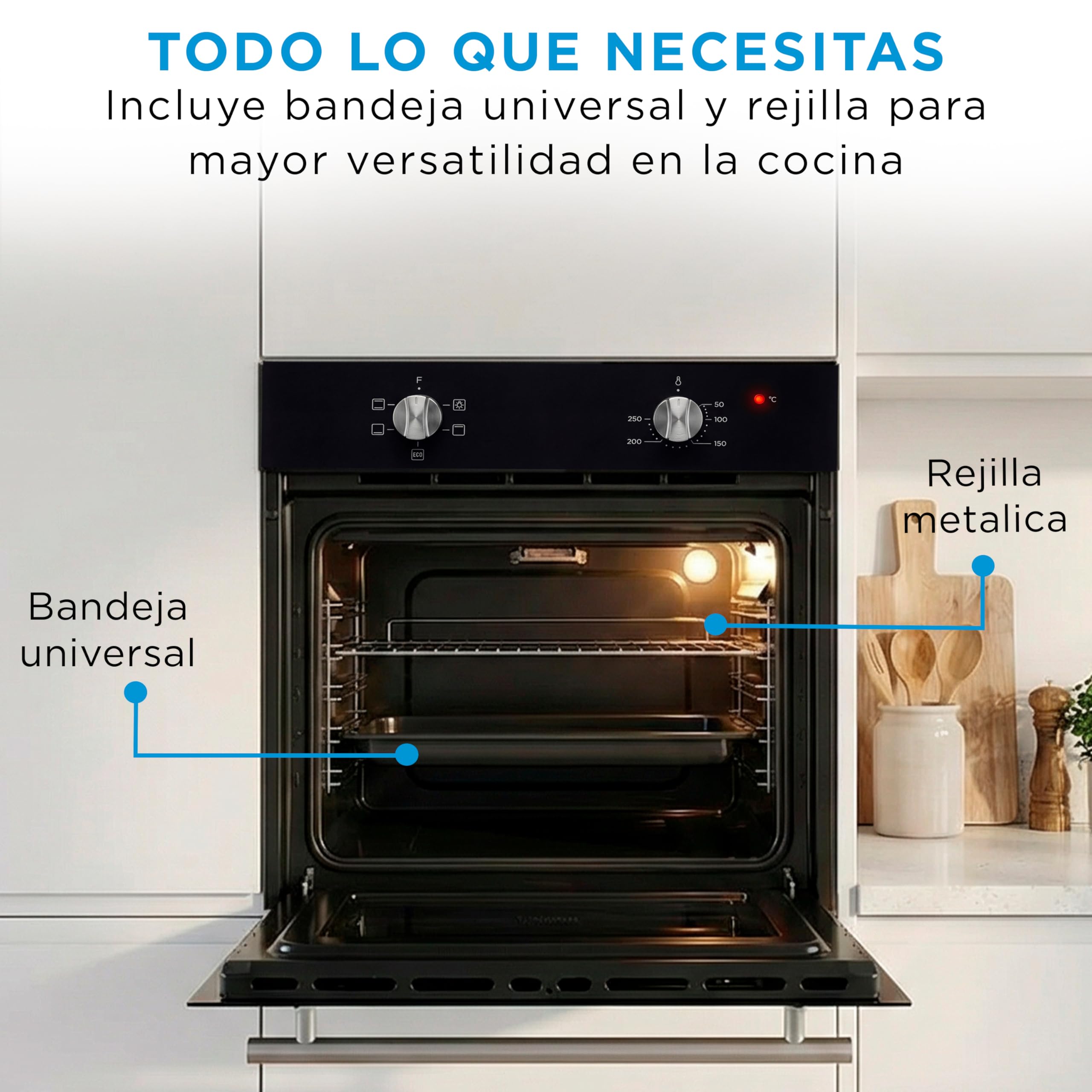 Midea Horno Electrico Empotrable Convencional de 70L y 2100W - Horno Integrable Negro con 4 funciones, Modo ECO - Hornos con Luz Led de Bajo Consumo, Puerta Doble Cristal, Bandeja Universal, y Rejilla