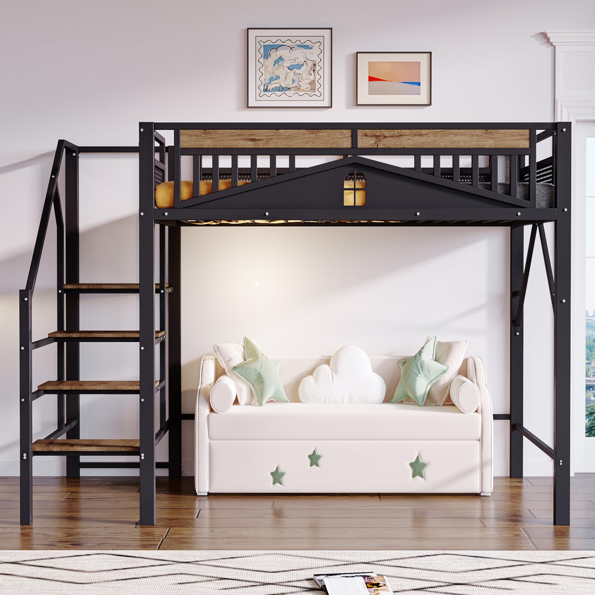 SACOOL Cama alta de metal de 140 x 200 cm, forma de carcasa única con diseño de ventana, con escalera de seguridad, mucho espacio debajo de la cama, color negro