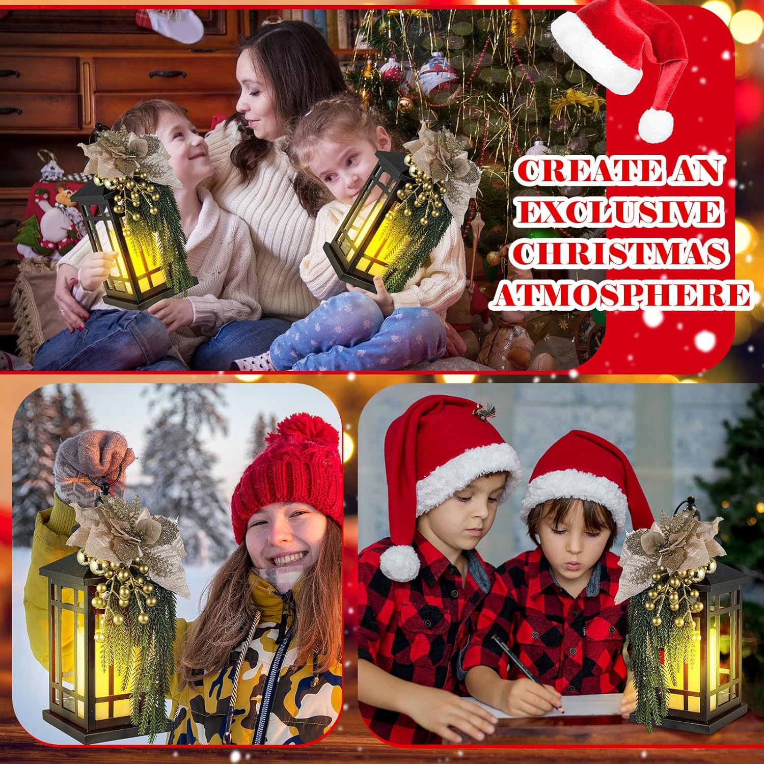 ROCEEI 2 Set Christmas Decorative Lantern Porch Decorations with LED Flickering Flameless Candle 14 Inch Vintage Hanging Lantern Xmas Centerpieces for Tables Indoor Outdoor Decor (Norfolk Pine)