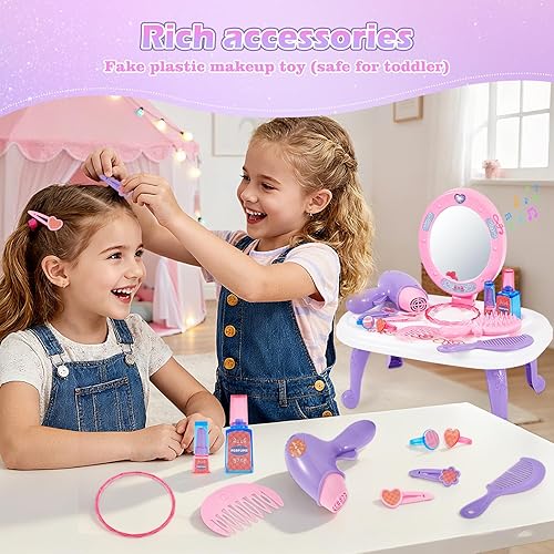 Miniatura 5 de Juego de mesa de maquillaje para niñas con luces de espejo y música, juego de salón de belleza con secador de pelo, peine y accesorios, juego de
