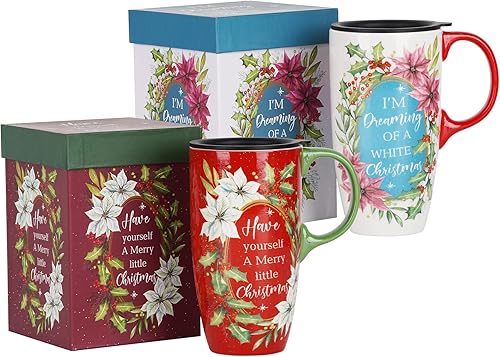Topadorn Taza de viaje de cerámica para café o té con tapa sellada de 17 onzas, con caja de regalo, 2 unidades