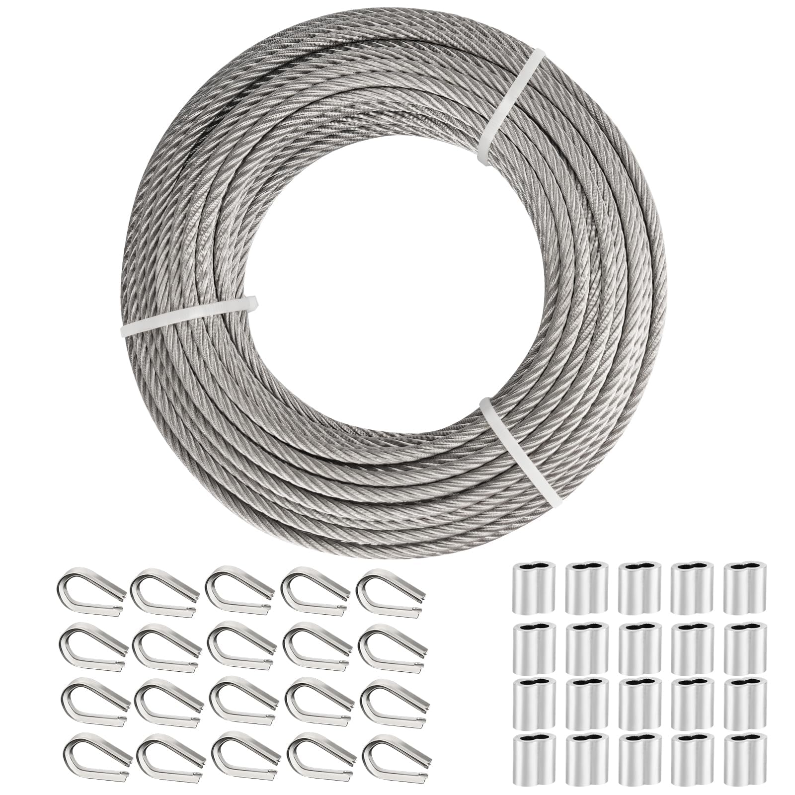 TooTaci Fune metallica 30M, 5 mm cavo in acciaio inox, cavo aereo 7 x 19 fili con manicotti a crimpatura, capicorda 5 mm per kit tirolese, kit ringhiera, filo di sospensione