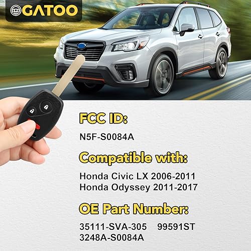 Miniatura 3 de Control remoto de repuesto para llave sin llave para Honda Civic LX 2006 2007 2008 2009 2010 2011, Honda Odyssey 2011 2012 2013 2014 (N5F-S0084A)