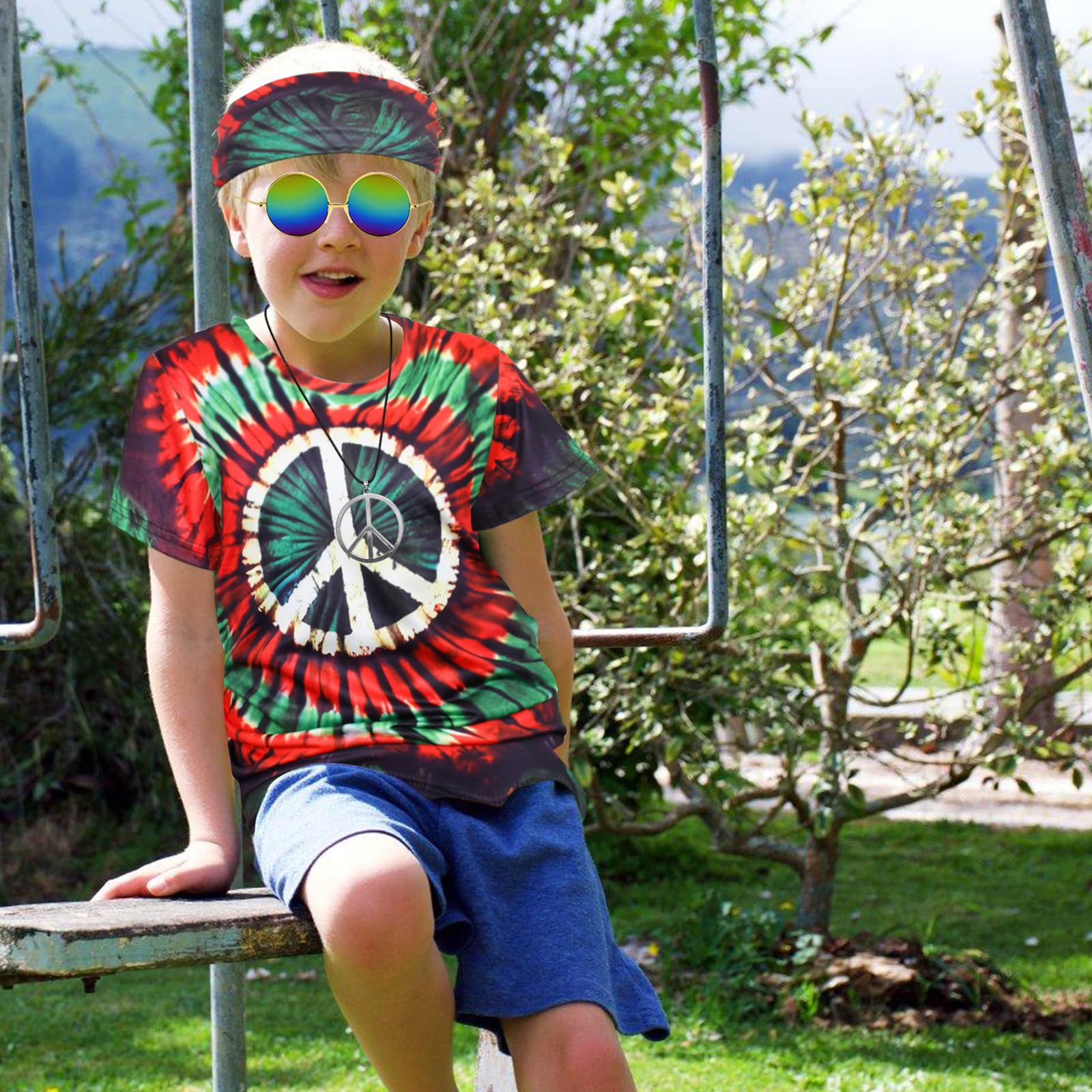 XonyiCos Boys Hippie Costume 60S 70s Colorful Tie Dye T-Shirt 4Pcs Accessories Set for kids Halloween Party Cosplay