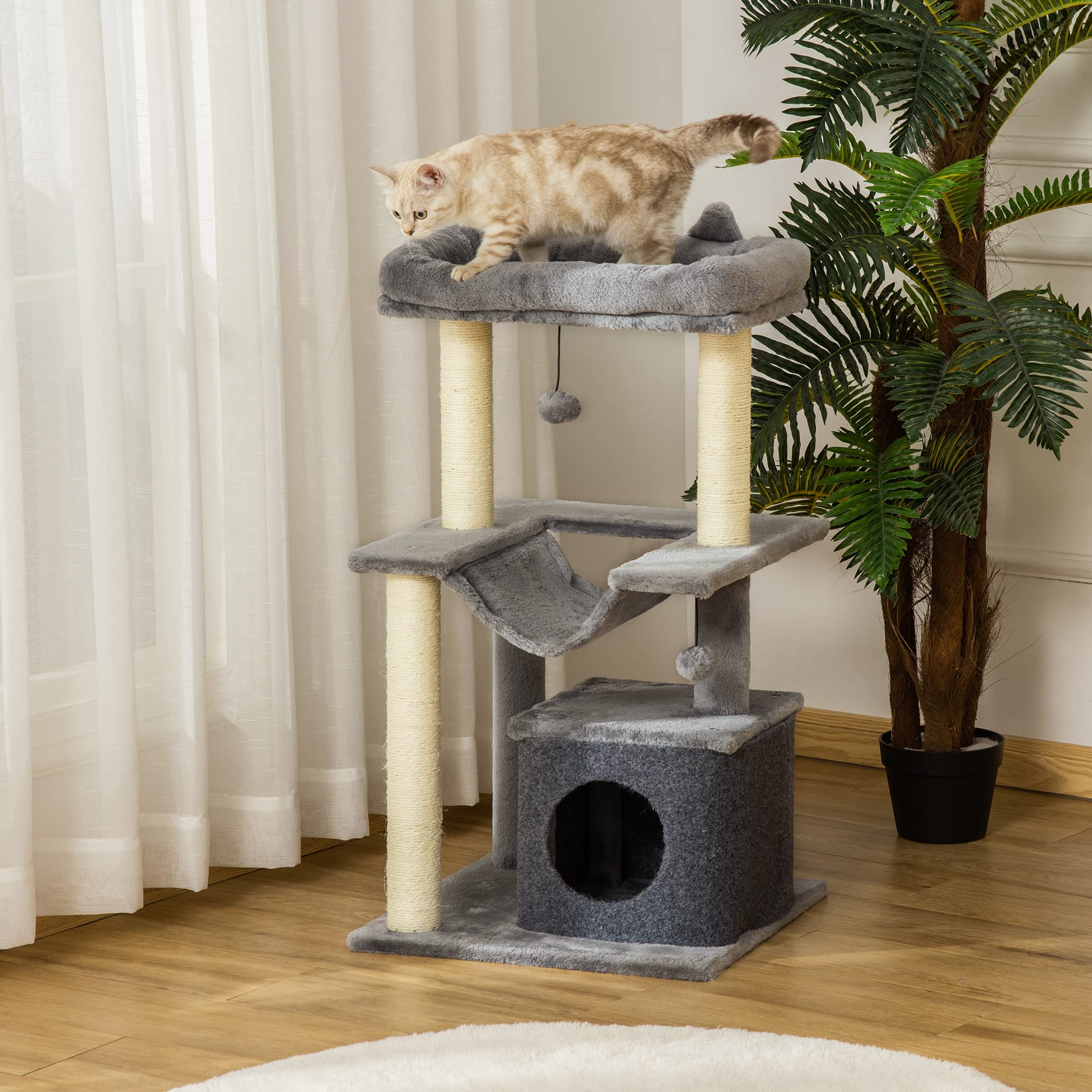 PawHut Albero Tiragraffi per Gatti Adulti, Graffiatoio Castello per Gatti con in Corda Sisal, Casetta, Cuscino e Amaca, 2 Palline, Rivestimento in Peluche e Feltro, Altezza 90cm, Grigio