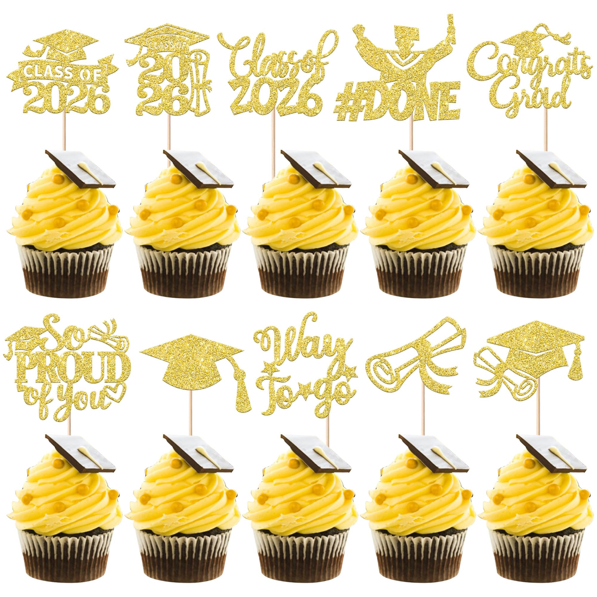 30 Stück 2026 Abschluss Tortendeko So Proud of You Cupcake Toppers Class of 2026 Kuchen Deko Abschluss Kappe Diplom Cupcake Dekorationen für 2026 Graduierung Thema Party Kuchen Dekorationen Gold