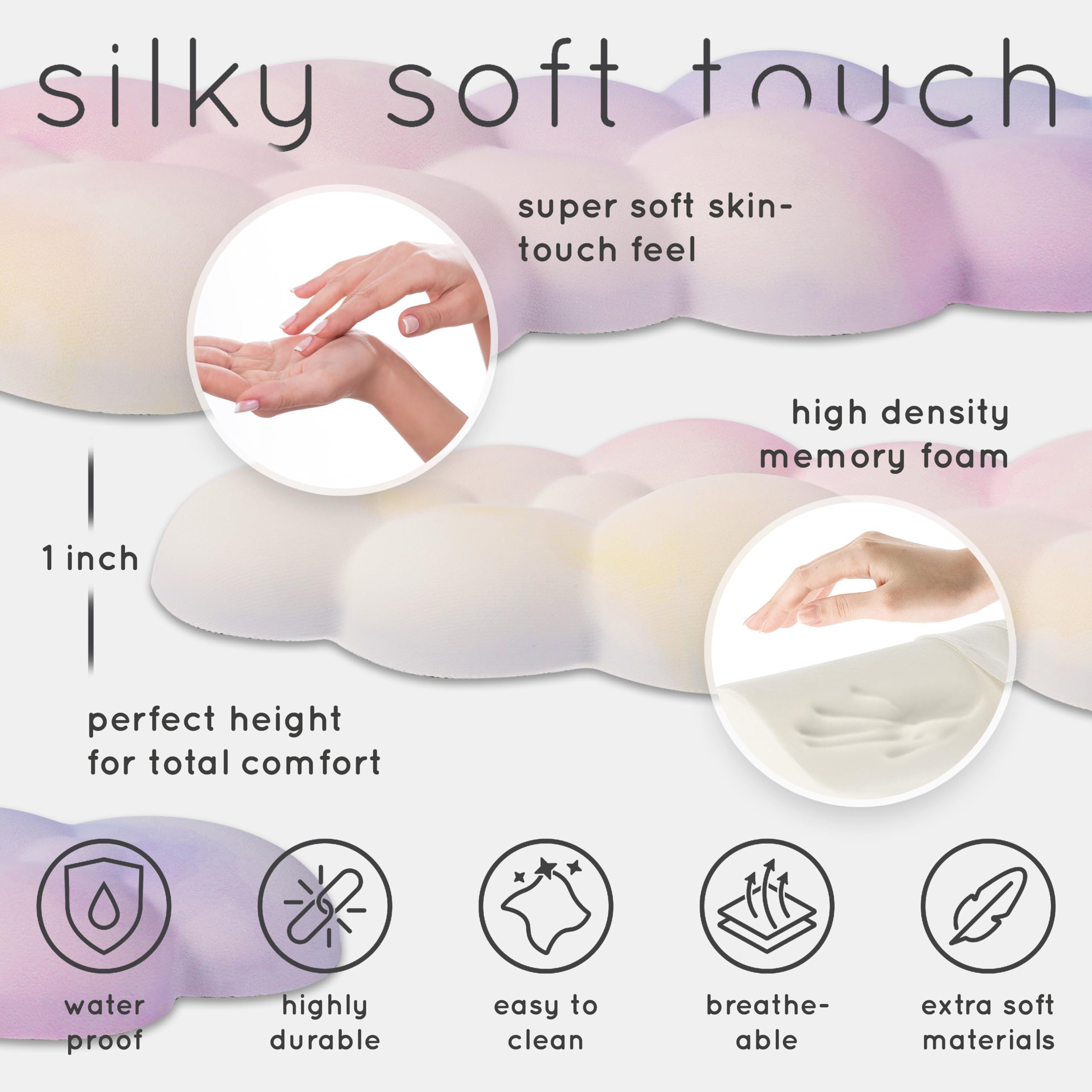 Create-ables Qloud Cloud Wrist Rest Keyboard Wrist Rest for Computer Keyboard Pad, Cloud Keyboard Wrist Rest, Wrist Pad for Keyboard, Memory Foam, Non Slip Base, Comes with Mouse Pad - White: 02 Rainbow 1