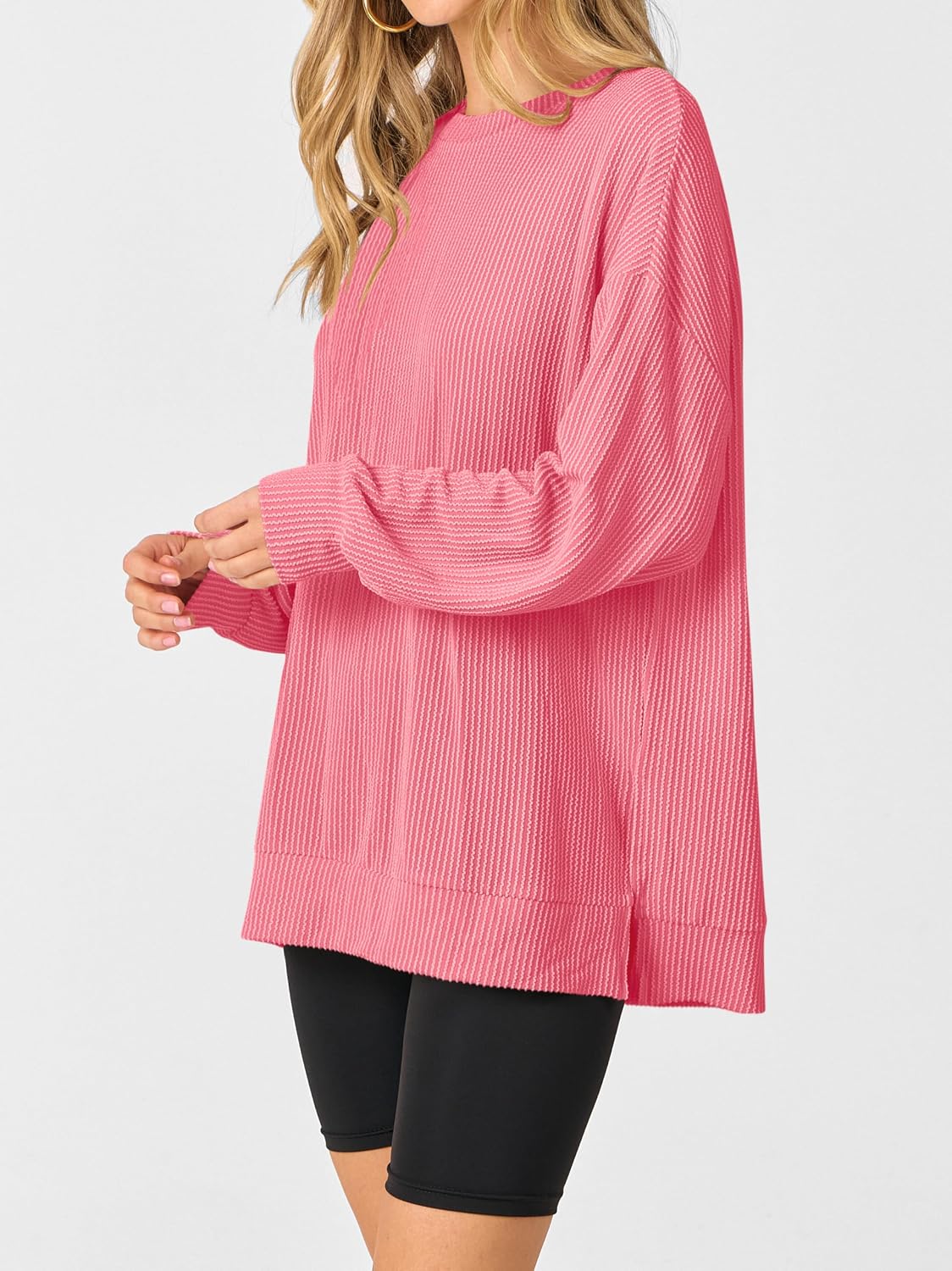 ANRABESS Women Oversized T-Shirts，Long Sleeve Tunic Top for Leggings，Ribbed Knit Side Split Casual Shirts for Daily & Travel