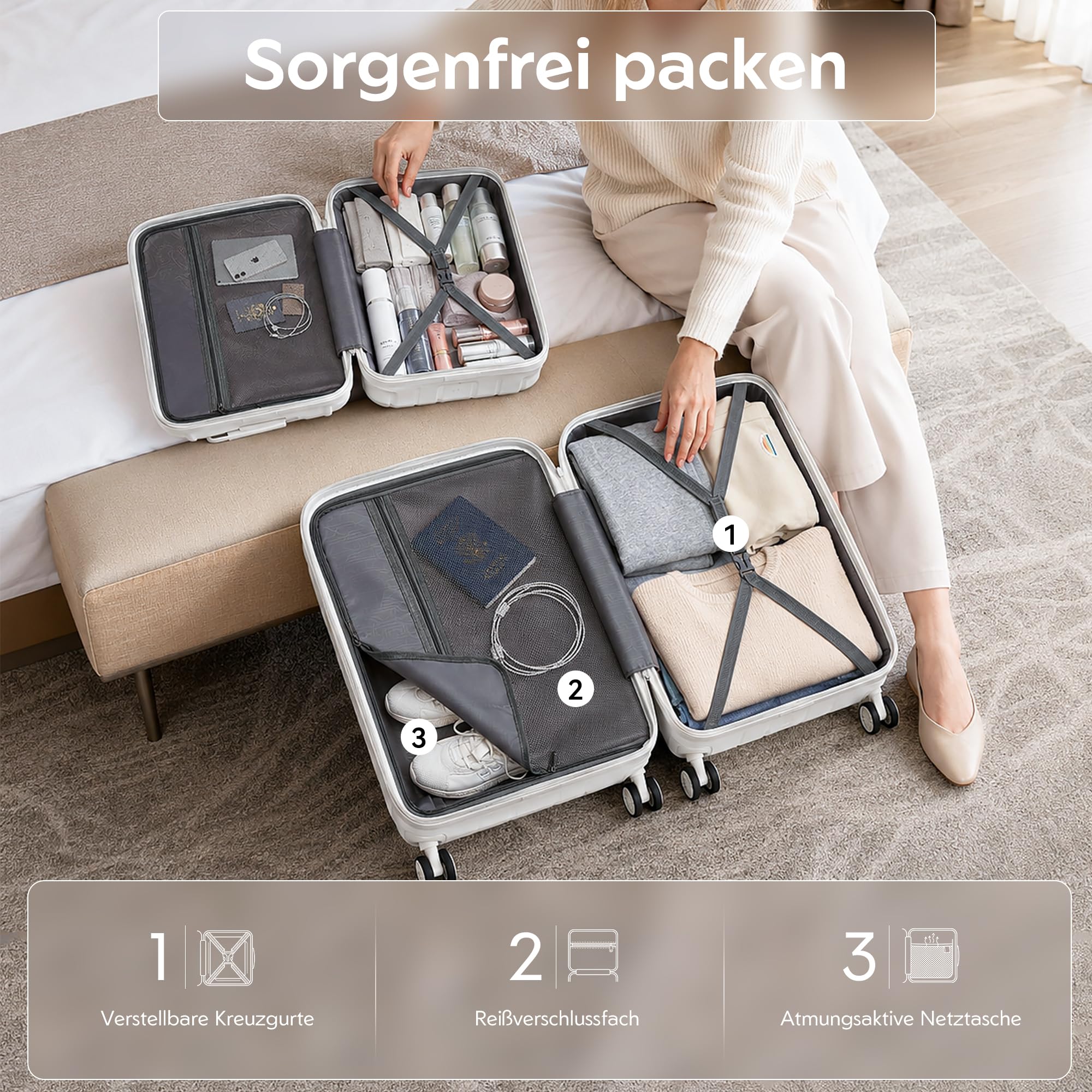 KONO Reisekoffer 75cm Polypropylen Hartschale 4 Rollen TSA Schloss 75x52x30cm Creme Weiß