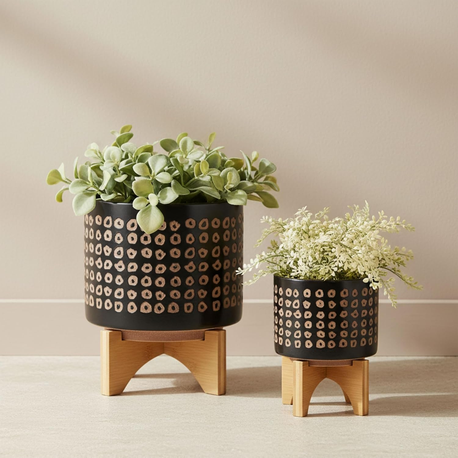 Set of 2 Ceramic Planters with Bamboo Stand Plant – Plant Stand Indoor Display Greenery, Living Room & Outdoor Decor – Aztec Pattern Planters for Collected Home Decor – 10.5" & 7.75"– Brown Black