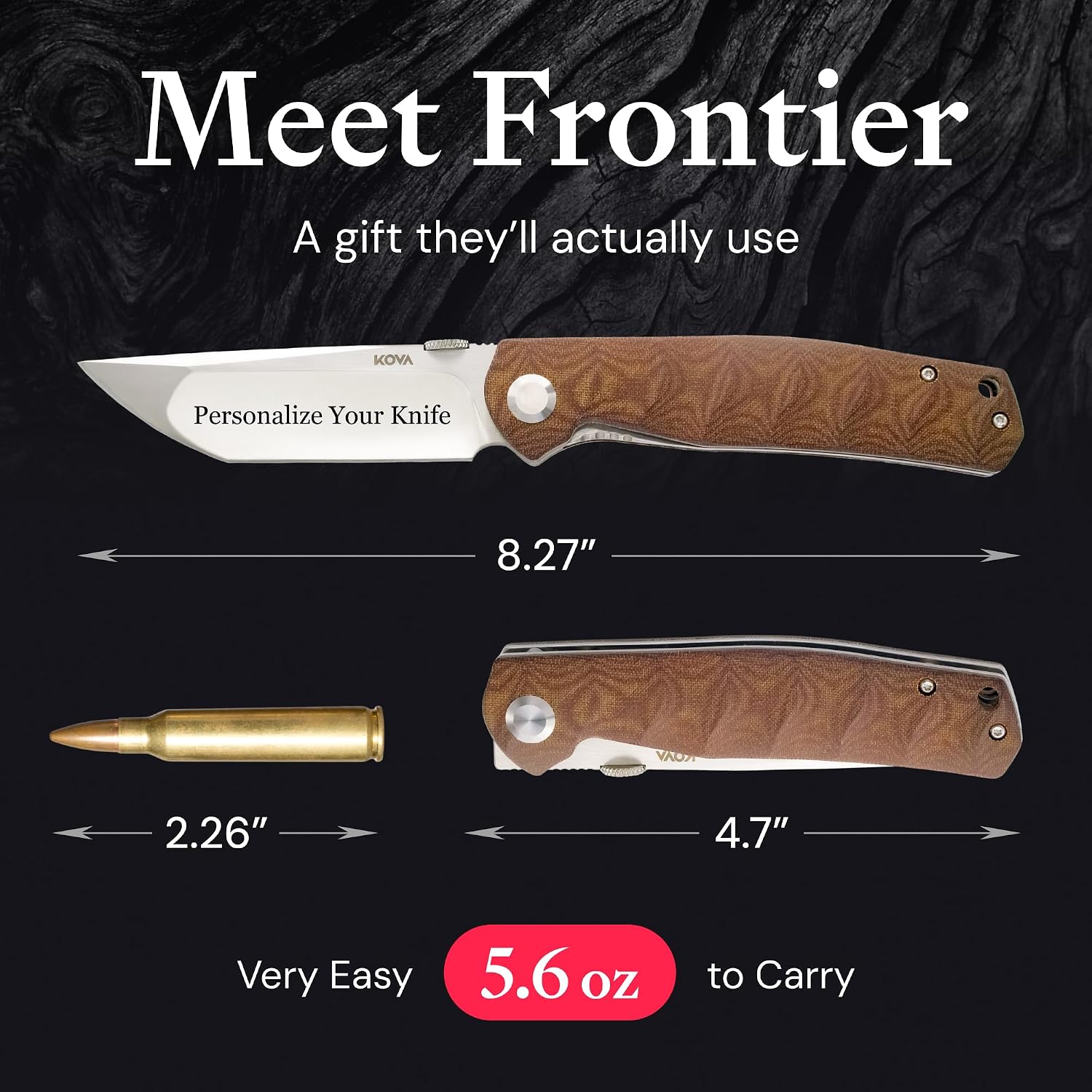KOVA Custom Engraved Frontier Manual Folding Knife – D2 Clip Point Blade, G10 Handle – Outdoor EDC Knife for Hunters and Anglers, Gift-Ready Personalized Engraving for Anniversary Birthday Christmas for Husband Dad Brother