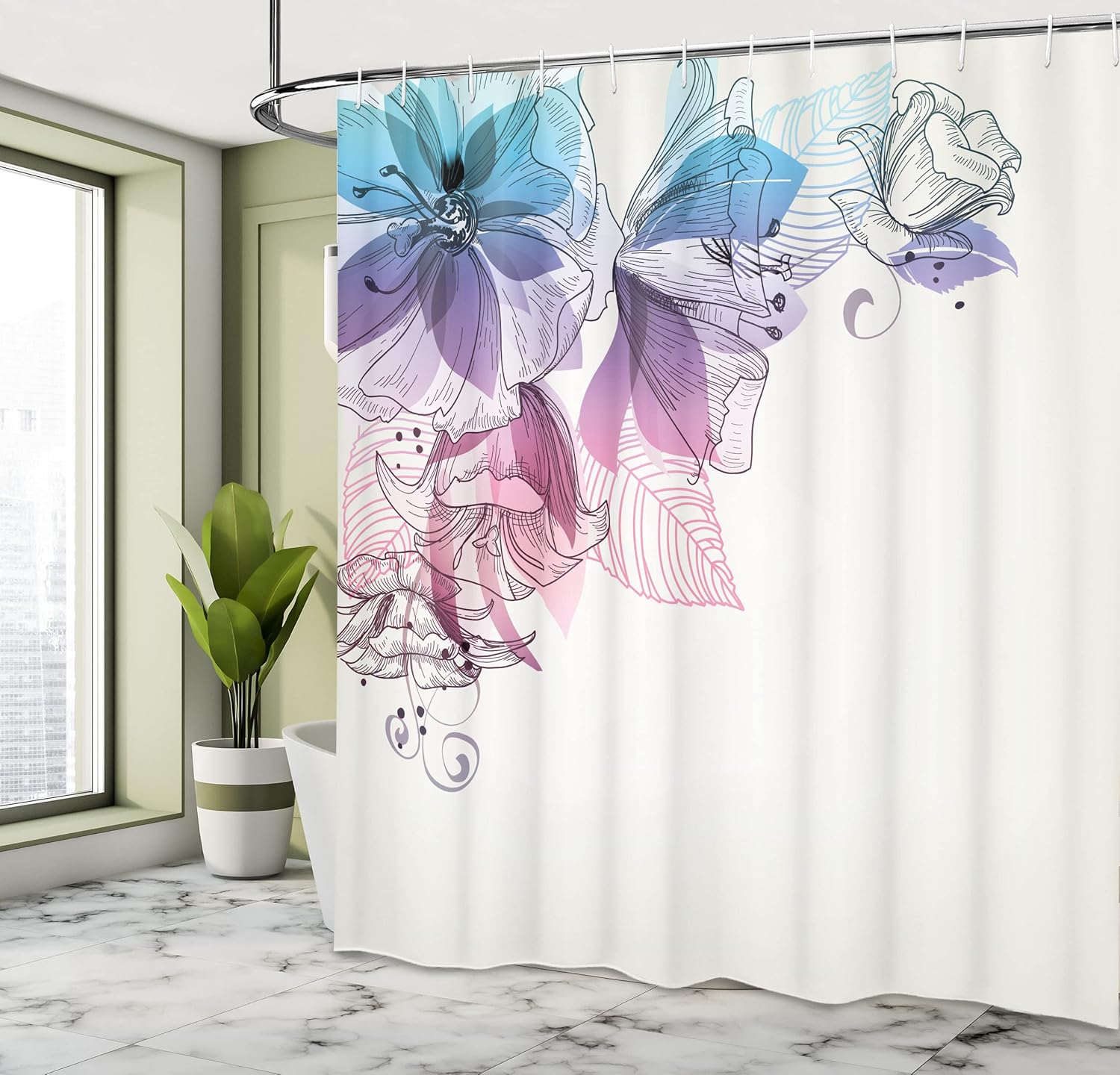 Ambesonne Flowers Shower Curtain, Buds Leaf at The top Left Corner Season Celebrating Theme Illustration, Cloth Fabric Bathroom Decor Set with Hooks, 69" W x 70" L, Blue Purple Pink