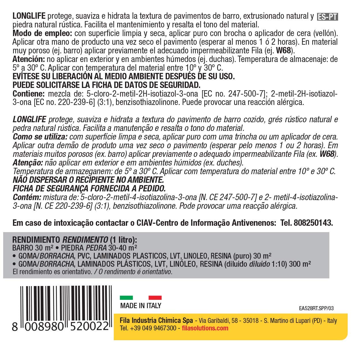 Fila Surface Care Solutions LONGLIFE Cera líquida para abrillantado de Suelos Porosas, Efecto Brillo, No Aplica
