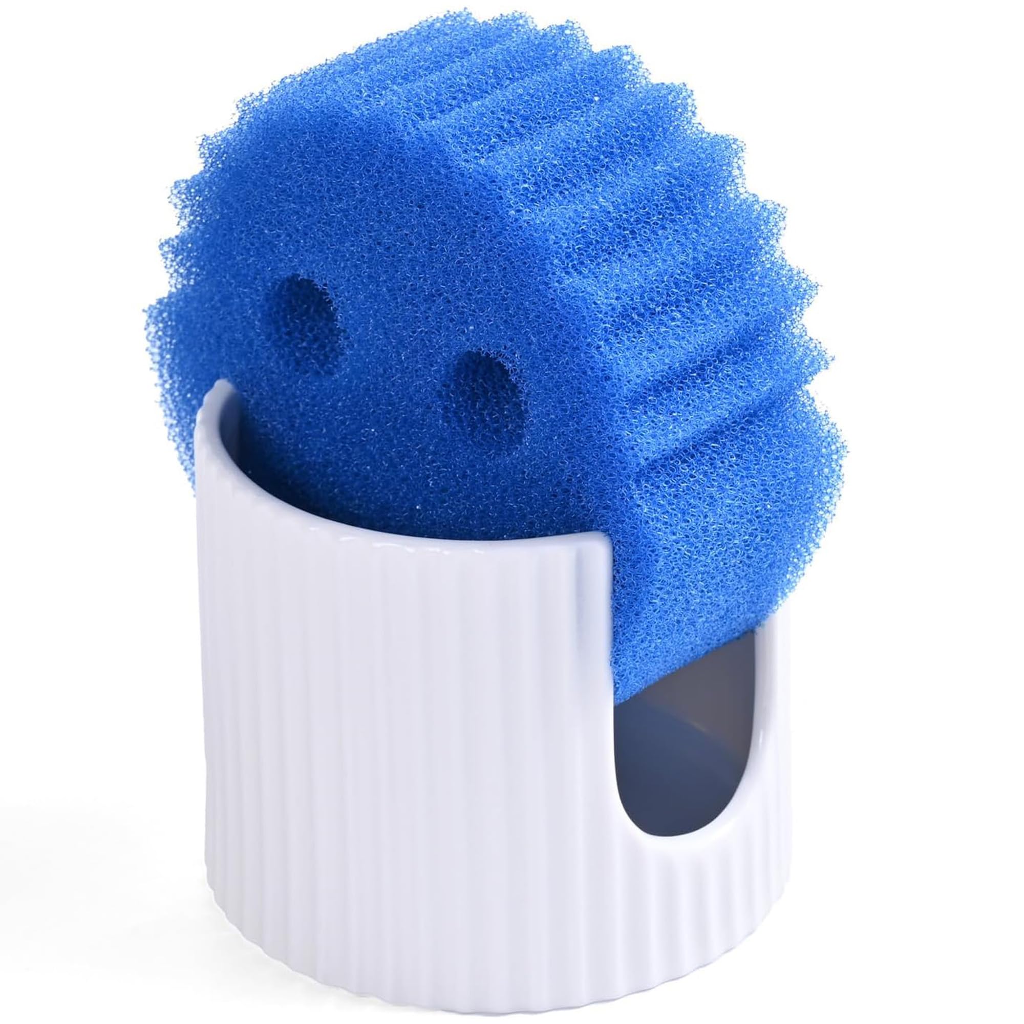 Ceramic Sponge Holder for Kitchen Sink - Dishwasher Safe Porcelain Dish Sponge Caddy Minimalist Vertical Stripes Scrub Daddy