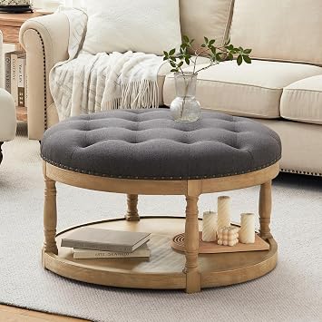 33" Large Round Ottoman Coffee Table with Storage, Upholstered Button Tufted Linen Footrest Ottoman with Wood Storage Shelf Farmhouse, for Living Room, 350 LBS, Dark Grey