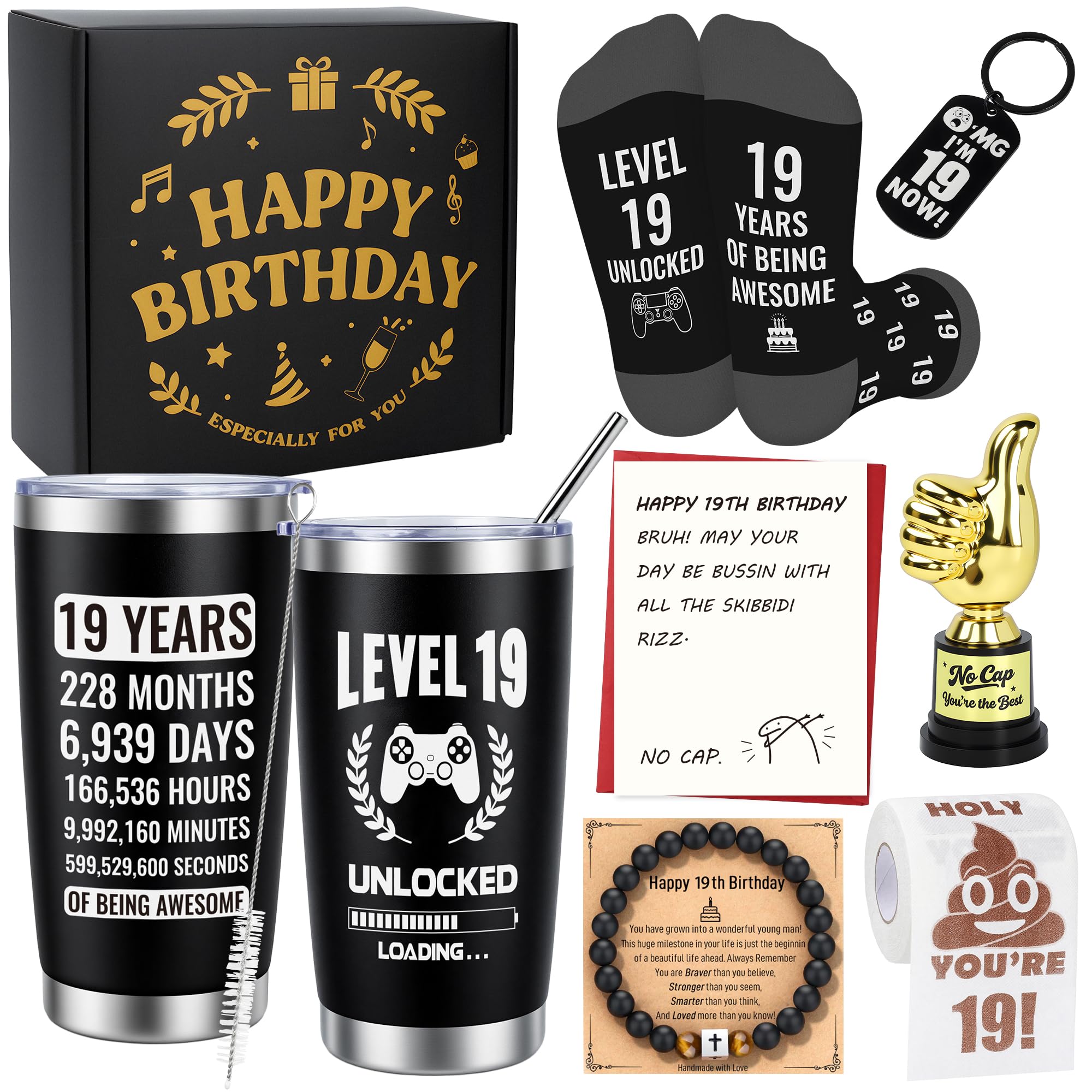 EccoDen Gifts for 19 Year Old Male - 19 Year Old Boy Gifts with 20oz Tumbler, Cozy Socks, Toilet Paper, Cross Bracelet, Keychain, Trophy, Birthday Card, Birthday Gift for 19 Years Olds Boy