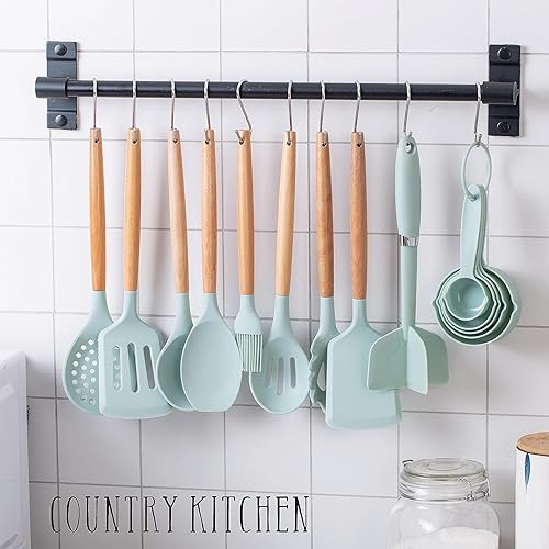 Miniatura 7 de Country Kitchen Juego de utensilios de cocina  Juego de 38 espátulas de silicona antiadherentes con soporte, asas de madera y utensilios resistentes