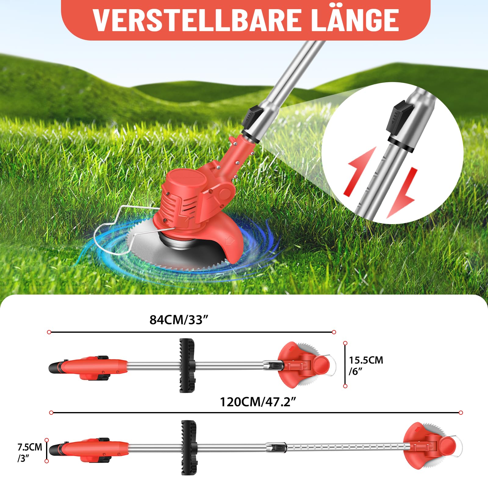 Desbrozadora de césped con batería, 21 V, ángulo de cabeza ajustable, batería recargable de 1500 mAh, mango ajustable de 84 a 120 cm, desbrozadora eléctrica para césped, jardín, poda, color rojo