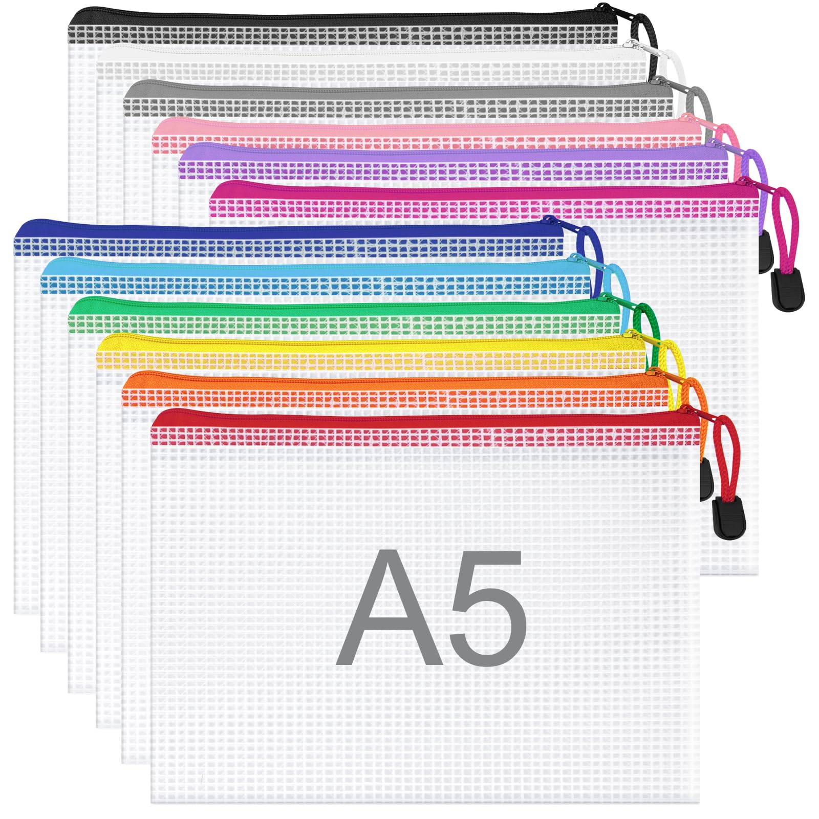 WISYOK 12pcs A5 Plastic Wallets Zip, Zip Lock Bags Mesh, Plastic Folders, Document Wallets, Zip Folders, Zipper File Bags for Office, School, Travel, Home (9.25 x 6.5 inch, 12 Colors)