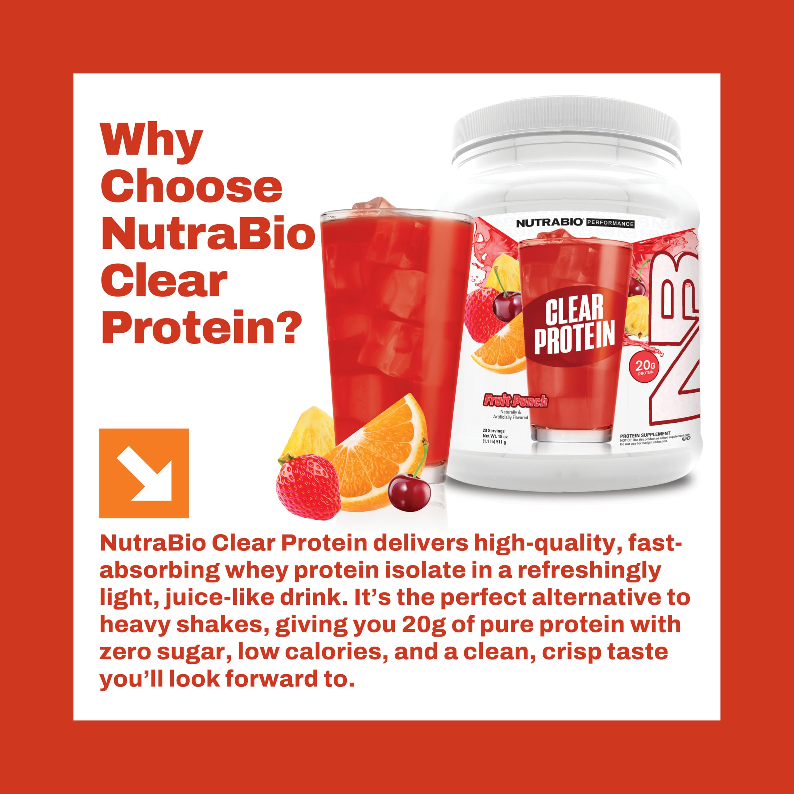 NutraBio Clear Protein Powder, Fruit Punch - 20 Servings, 20g Clear Whey Protein Isolate, 0 Sugar, 0g Lactose, Refreshing Fruit Flavors, GLP1 Support - Bone Health - Muscle Post Workout Recovery