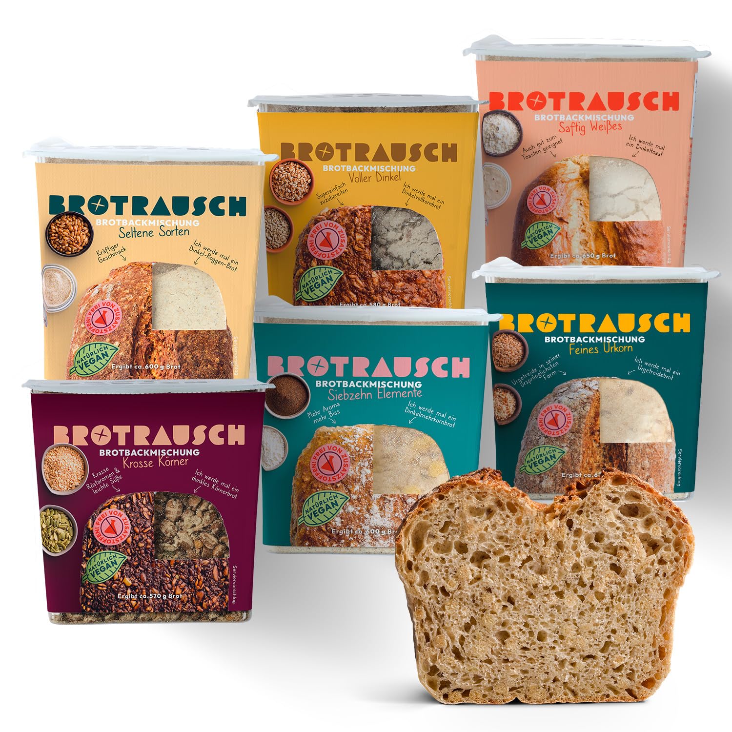 Brotrausch Dinkelbrot Backmischungen (5×400g + 1x 350g) – inkl. Holz-Backform & Toppings – Natürlich, Vegan & Ohne Zusätze – Mit Dinkel, Vollkorn & Roggen - Ballaststoff- und Proteinreich