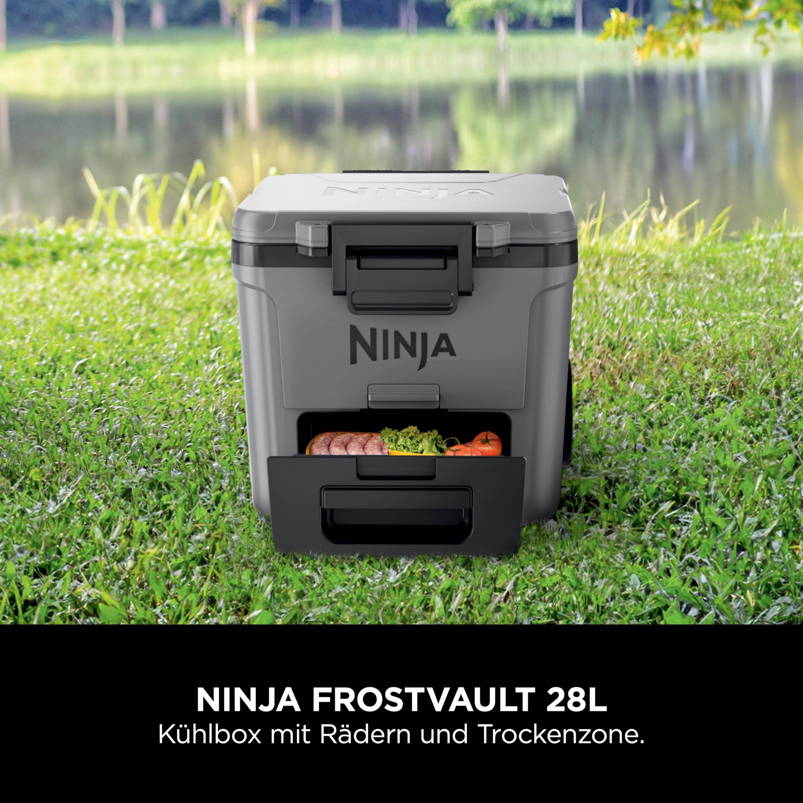 Ninja FrostVault Kühlbox mit Rollen und Isolierung, integrierter Dry Zone Schublade mit Kühlschranktemperatur, hält Eis tagelang, bietet Platz für bis zu 48 Dosen, Schiefergrau, FB230EUGY