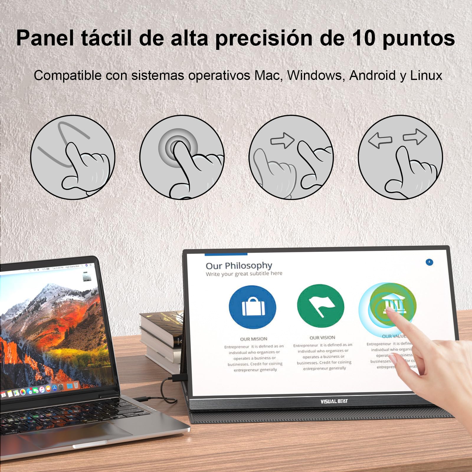 Visual Beat Monitor Portátil Táctil 15,6" Full HD 1080P, IPS 100% sRGB, USB-C y HDMI, Toque de 10 Puntos, Funda Soporte, VESA, para Portátil, PC, Mac y Switch