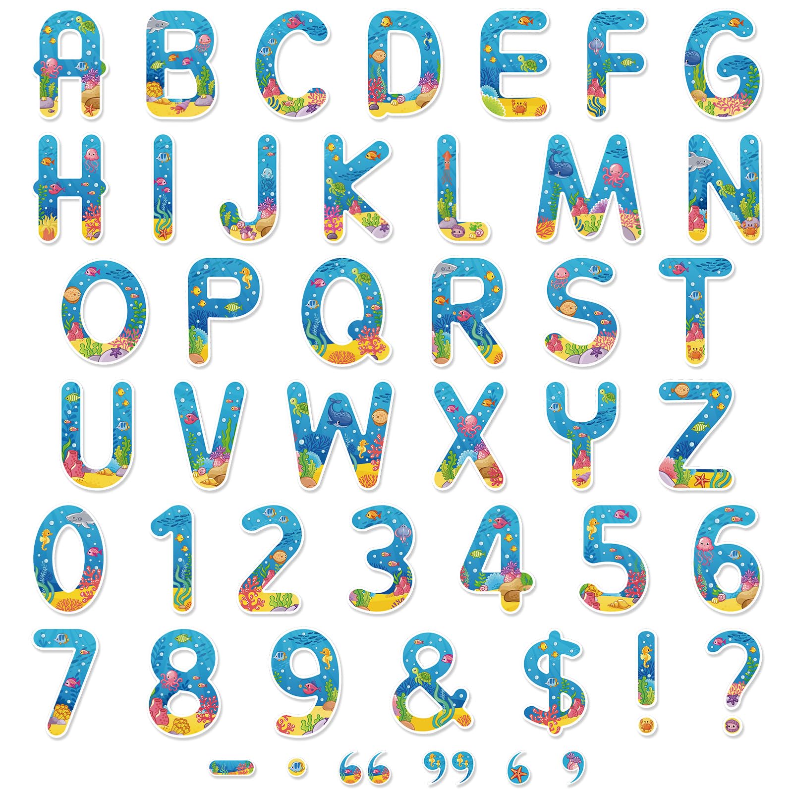 Faccito 176 Pcs Under The Sea Letters Combo Pack Set Ocean Bulletin Board 4.3 Inch Sea Life Alphabet Number Punctuation Accents Cutouts for Home