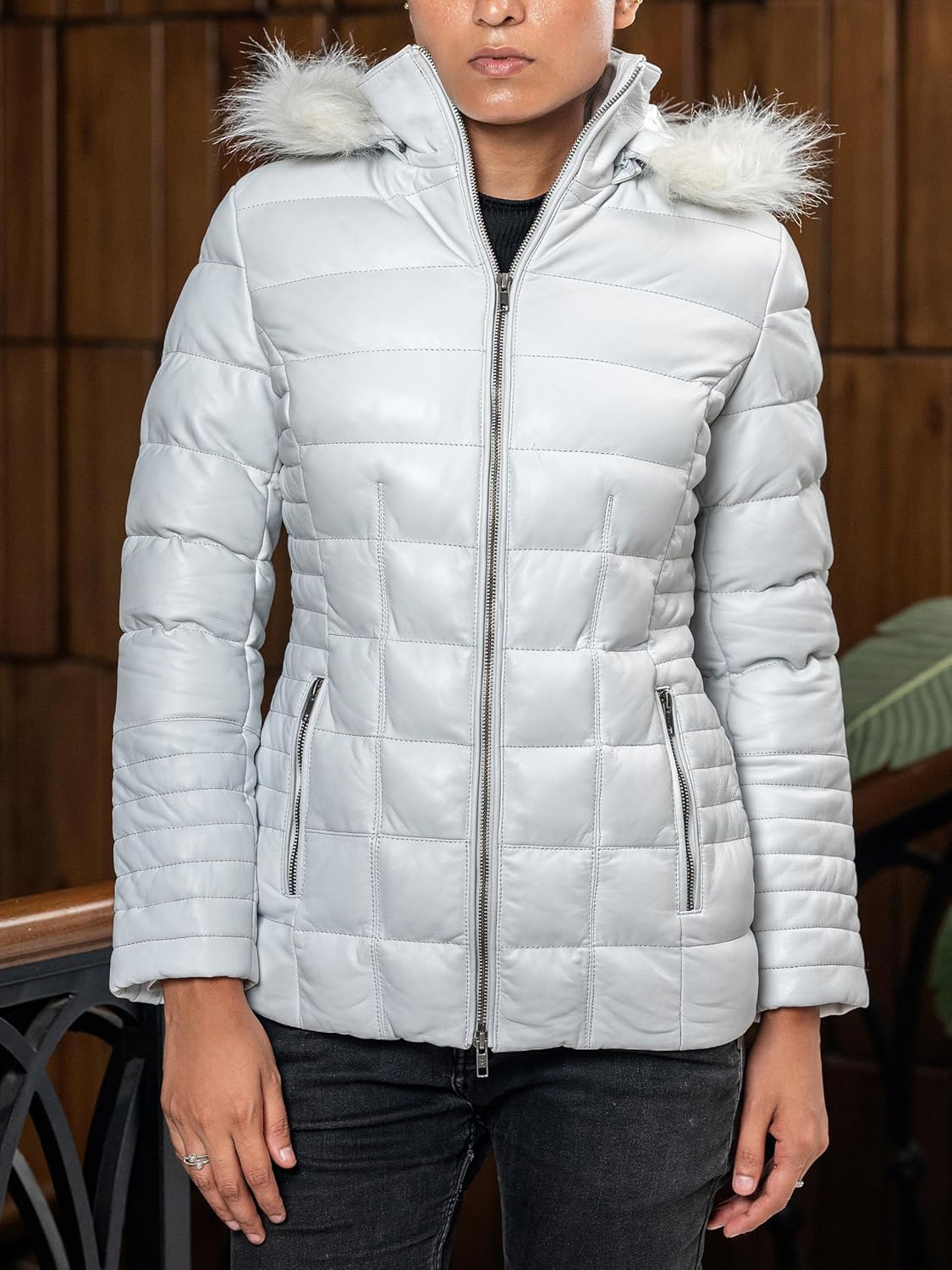 Jild Lambskin Leather Puffer Jacket Womens - Quilted Style Long Sleeves Womens Hooded Fur Winter Coat - Image 4