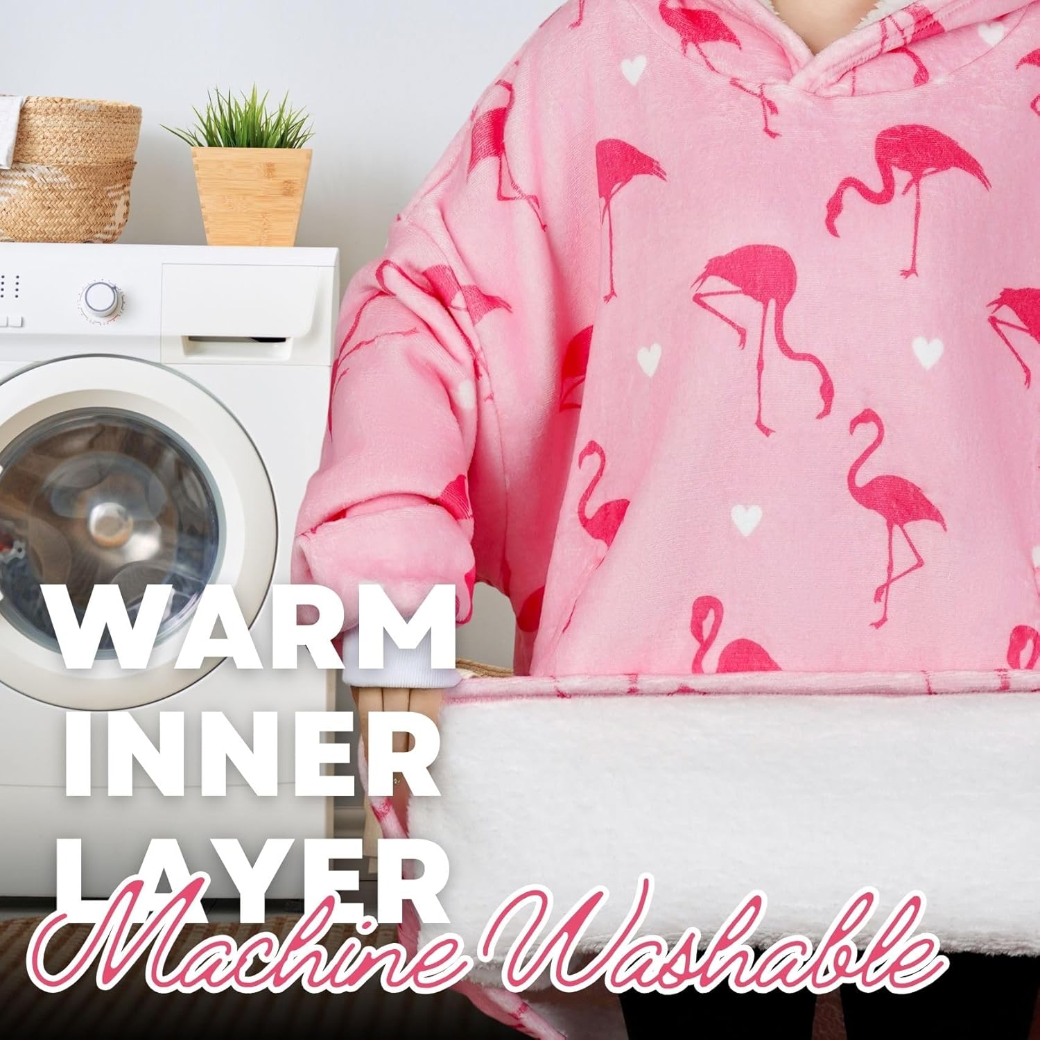Flamingo Gifts, Flamingo Wearable Flannel Blanket Hoodie, Oversized Flannel Hooded Blanket Sweatshirt, One Size Pink