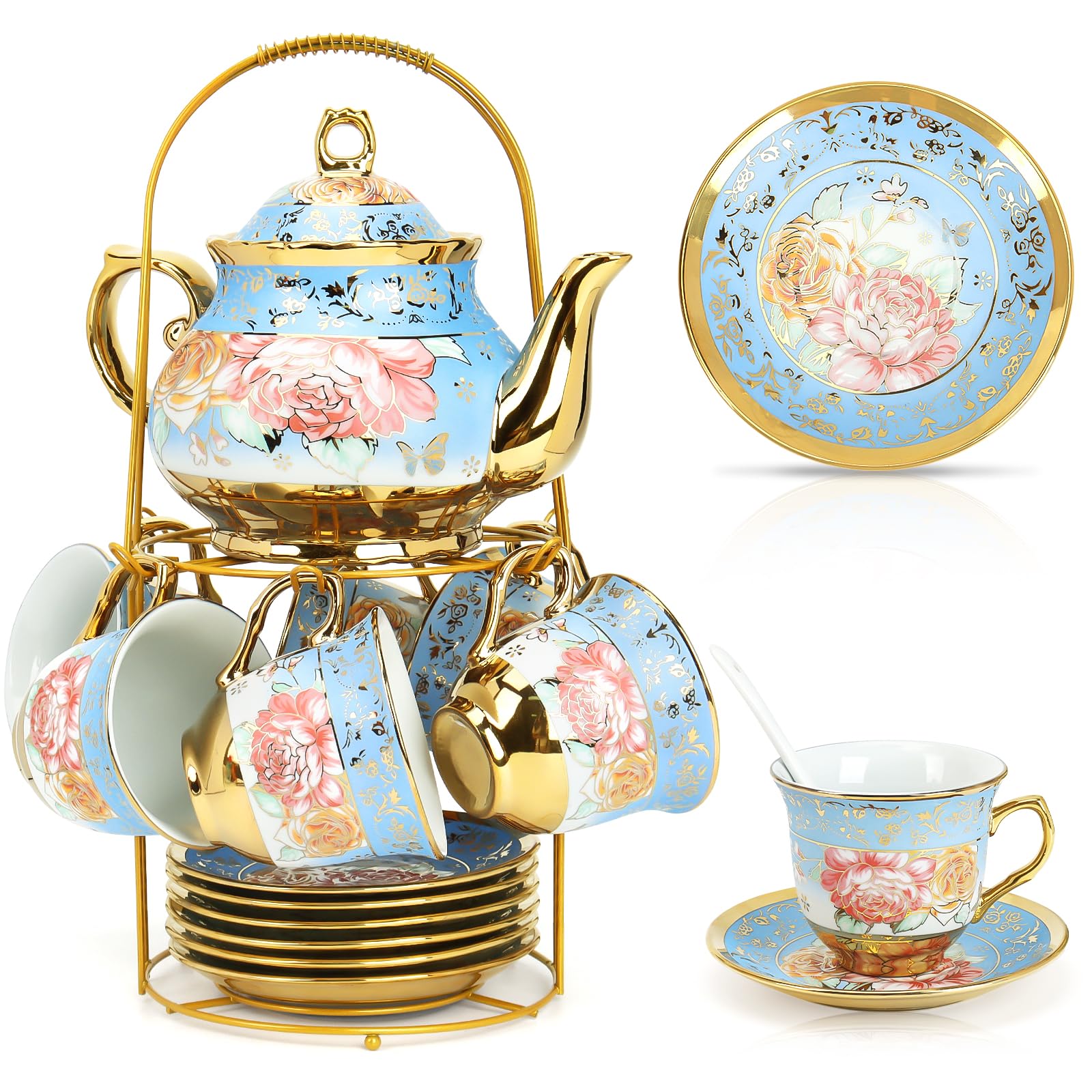 20 Pcs Porcelain Tea Set with Metal Holder, Adult Tea Set Gift