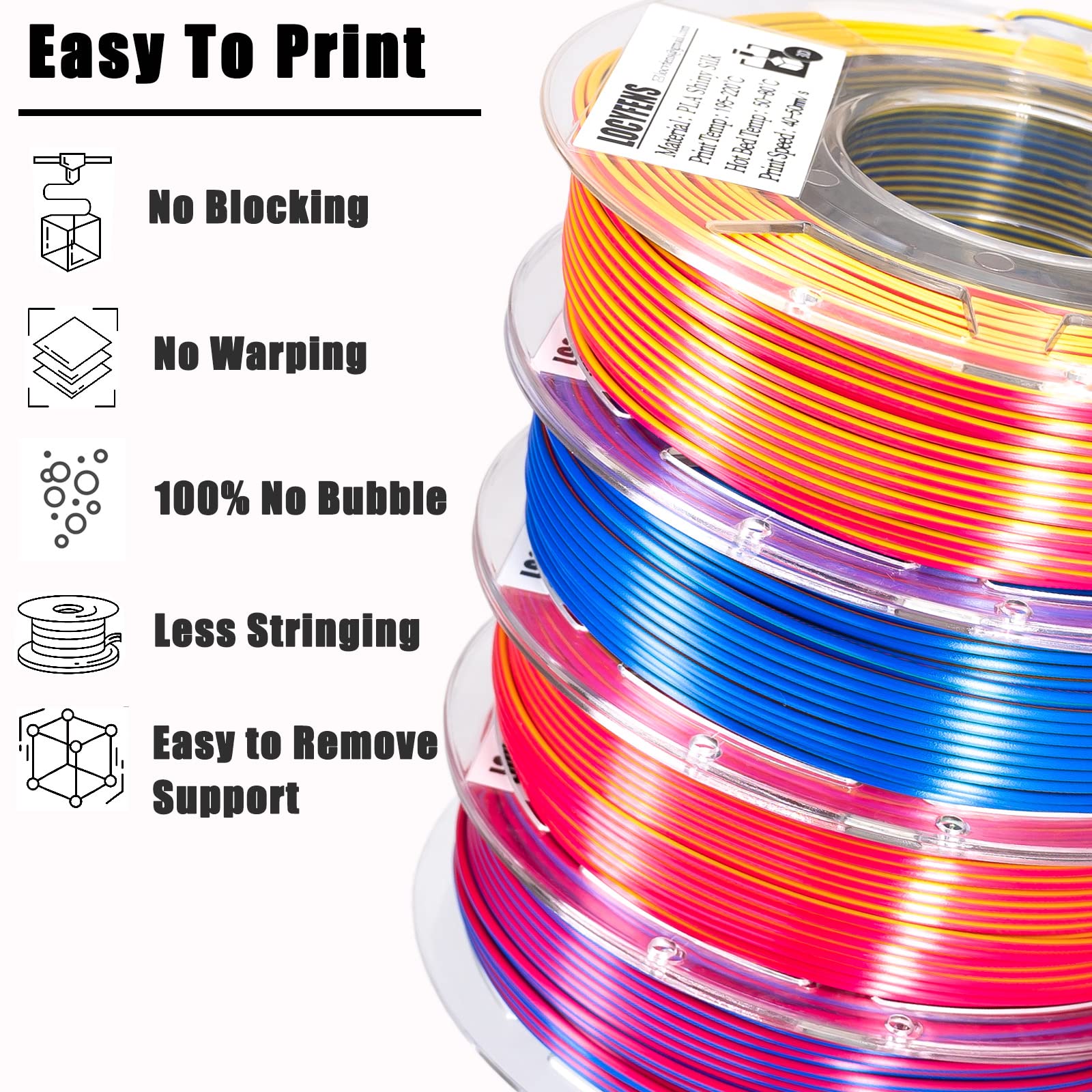 Filamento de impresora 3D PLA, filamento PLA 3 en 1 arcoíris de 1,75 mm +/-0,02 mm, filamento de triple color PLA de seda, paquete de filamento 3D de coextrusión, 200 g x 4 carretes