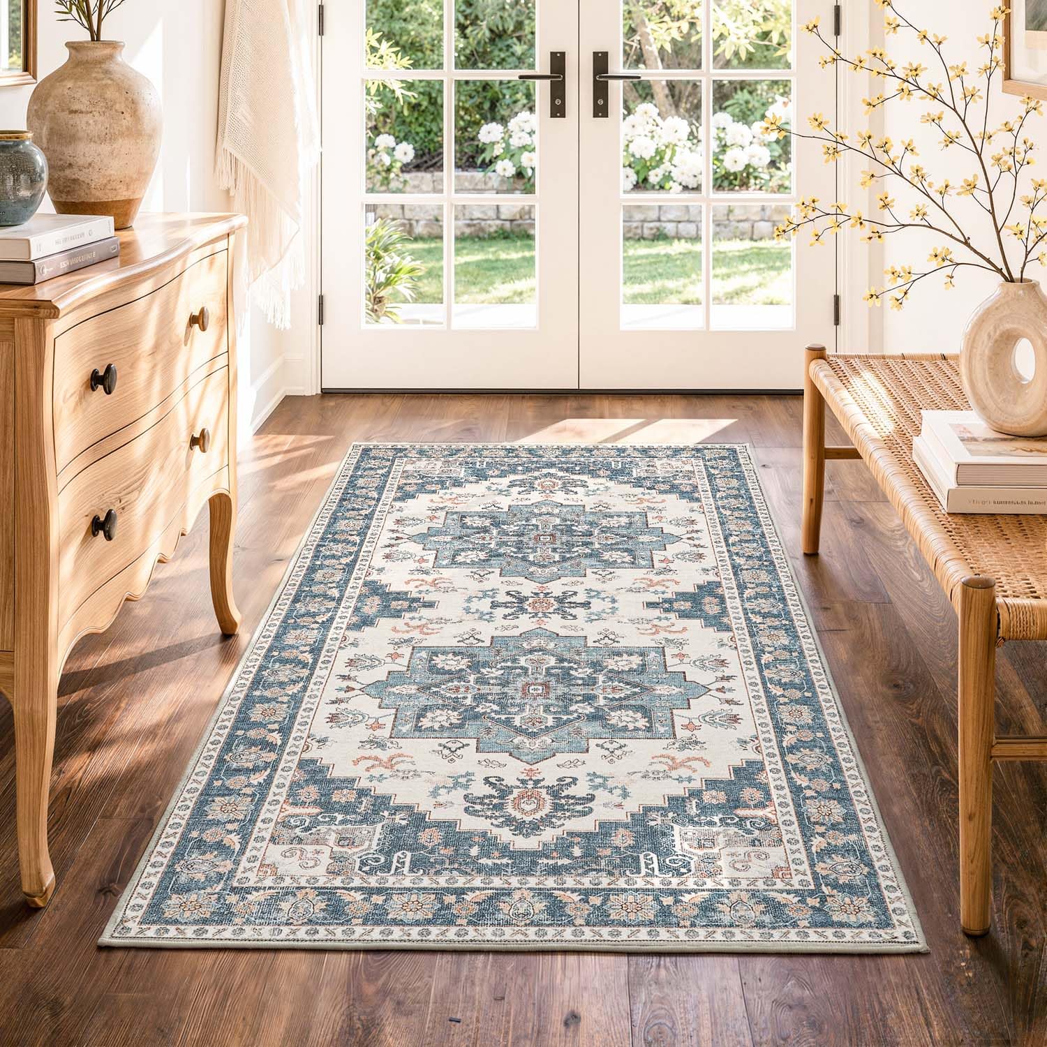 TOPICK Washable Runner Rugs for Hallway 80x150cm, Extra Long Non Slip Carpet Runners for Entryway, Kitchen, Bedside, Laundry Room, Vintage Printed Soft Cashmere Texture Navy Blue Rugs, Easy Clean