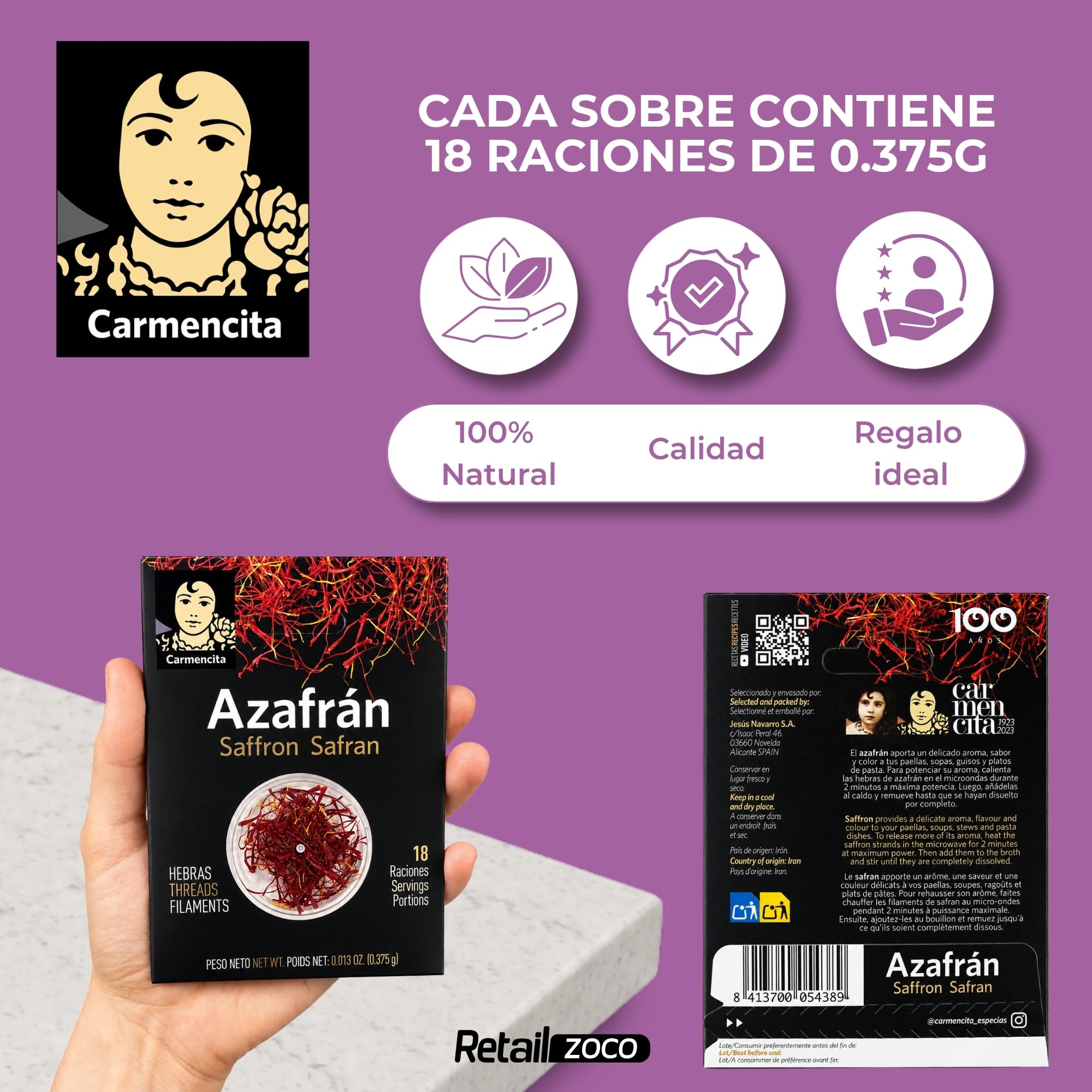 Hebras de azafrán, saffron safran, Azafrán Español de Calidad, ideal para paellas, estofados, sopas, patatas y gran cantidad de guisos, Peso Neto 0.375 g, Apto para 18 raciones, Contiene 10 sobres