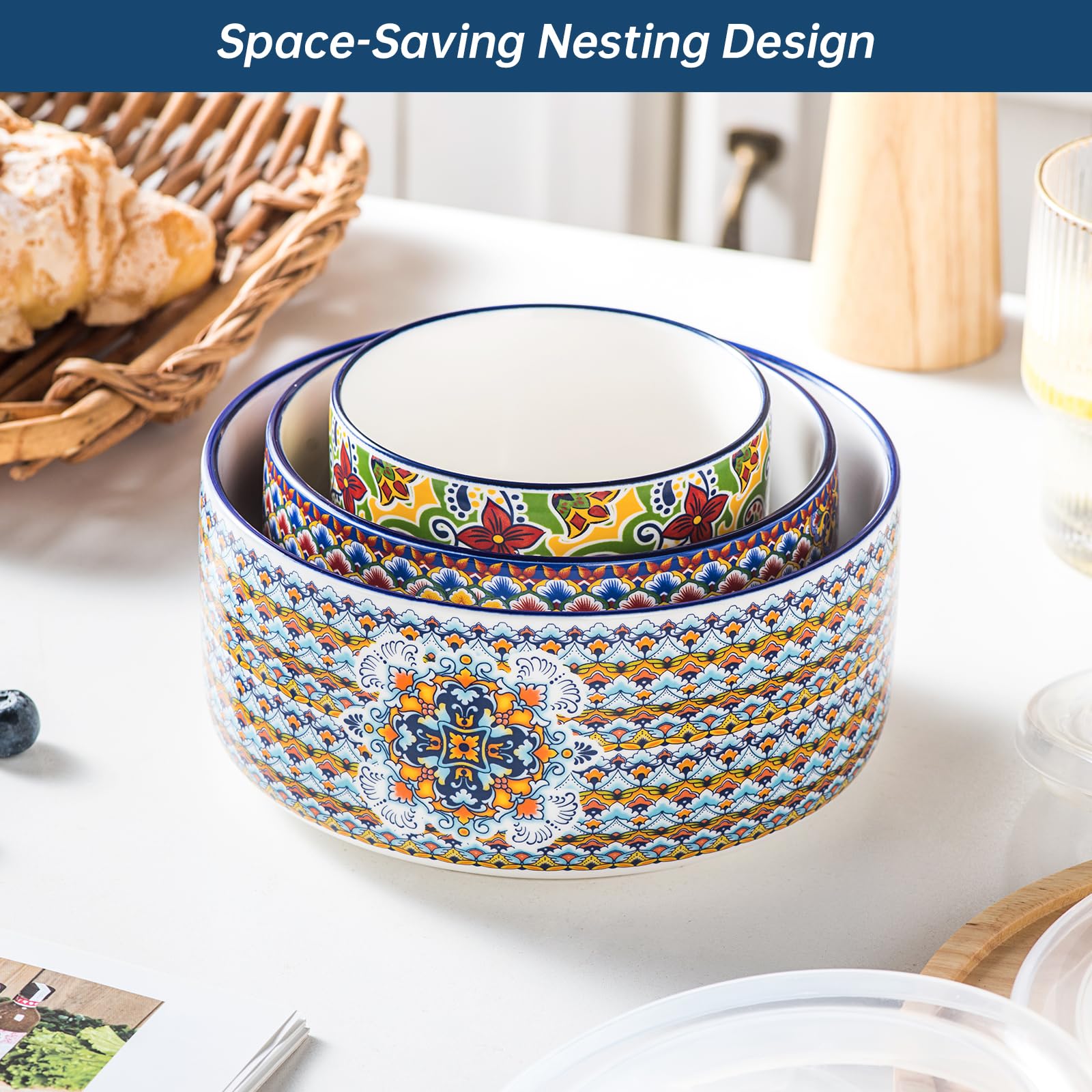 HENXFEN LEAD Servierschalen mit Deckel 3 teilig, Salatschüssel 330/600/950ml, Suppenschalen für Reste, Suppe, Müsli, Mittagessen, Bunte Müslischale - Bohemian Style