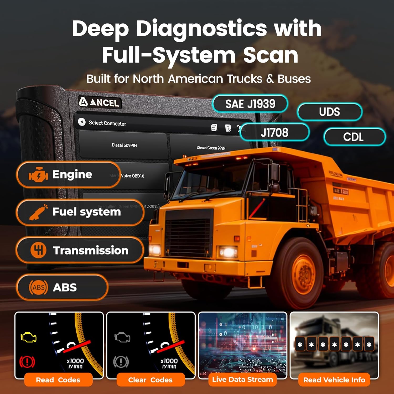 ANCEL HD7000 Elite 7" Heavy Duty Truck Scanner with DPF Regen, Speed/Idle Adjustment, Service Reset, Diagnostic Tool for Cummins Detroit CAT Volvo Paccar Mack International, Lifetime Free Updates