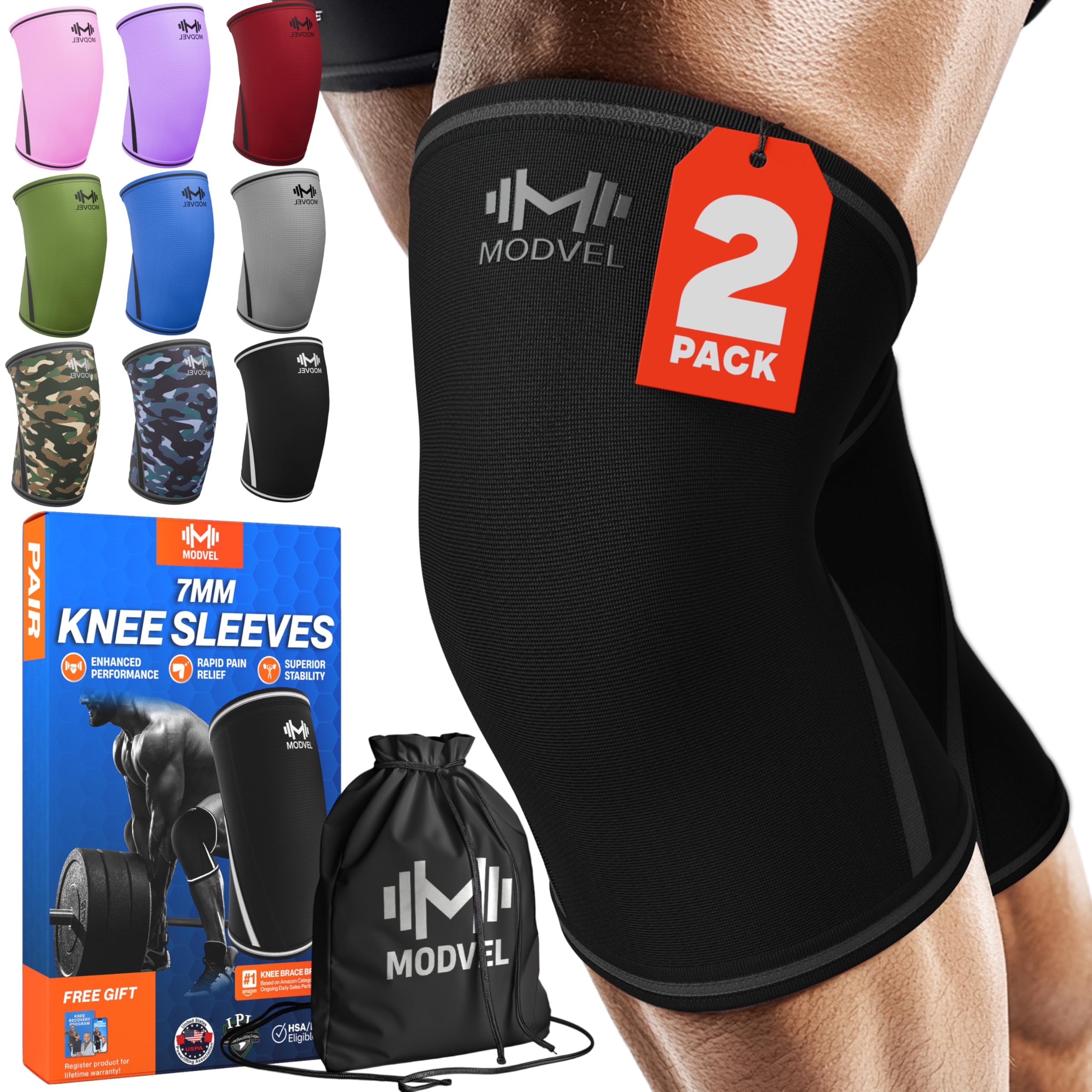 Modvel Strength 7mm Knee Sleeves (Pair) for Weightlifting & Powerlifting (USPA, IPL Approved) | High-Performance Knee Compression Support For Squats, Weight Lifting - Men and Women